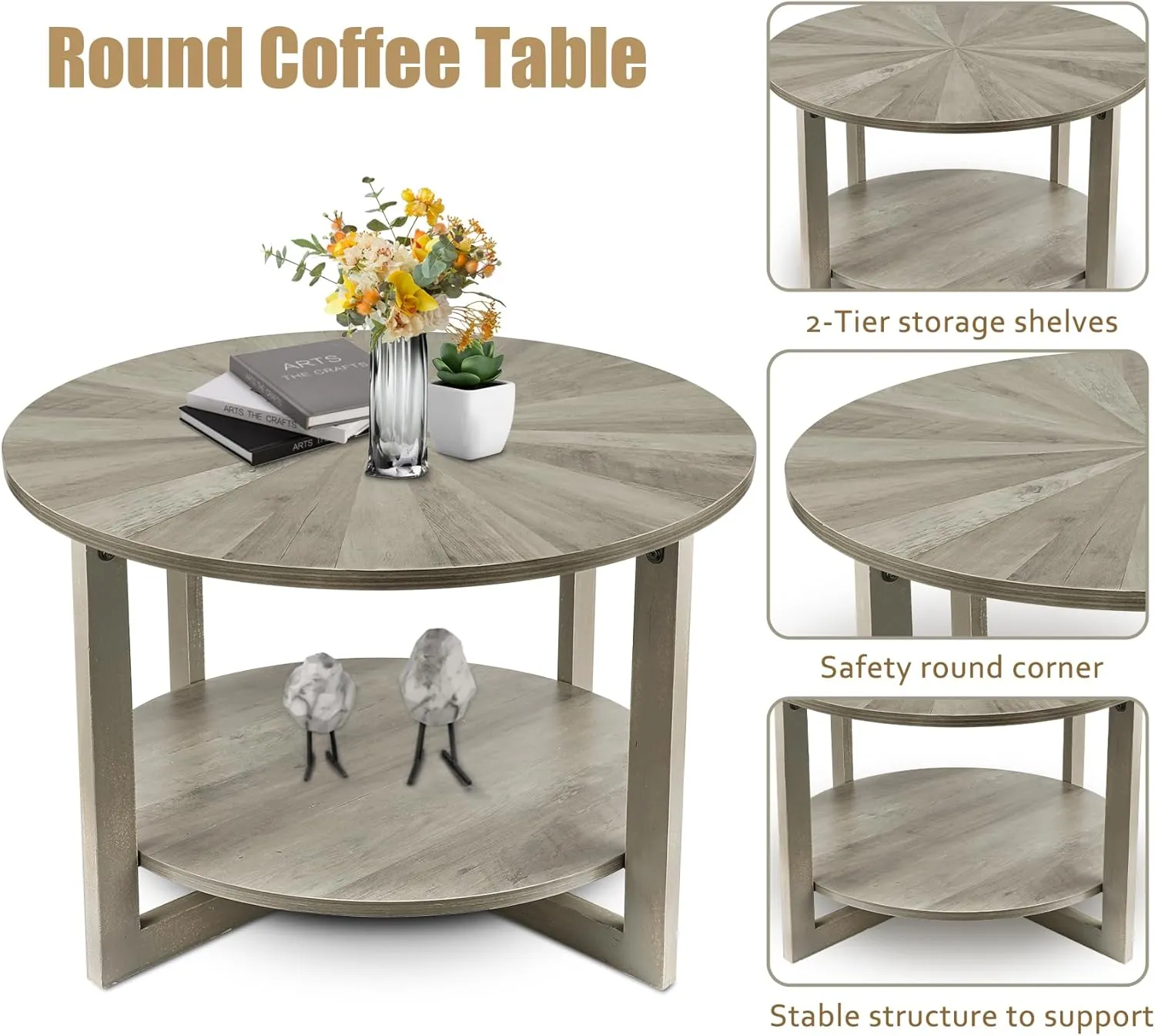 Round Coffee Table with Storage, Mid Century Modern Engineered Wood Coffee Table, Small Coffee Tables for Living Room, Grey Tea Table, Rustic Wooden Circle Center Table Living Room Furniture