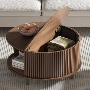 Round Coffee Table with Storage,Mid Century Modern Coffee Table for Living Room,Home Small Space,Fluted Small Center Table with Sliding Cabinet Door,31.5",Walnut