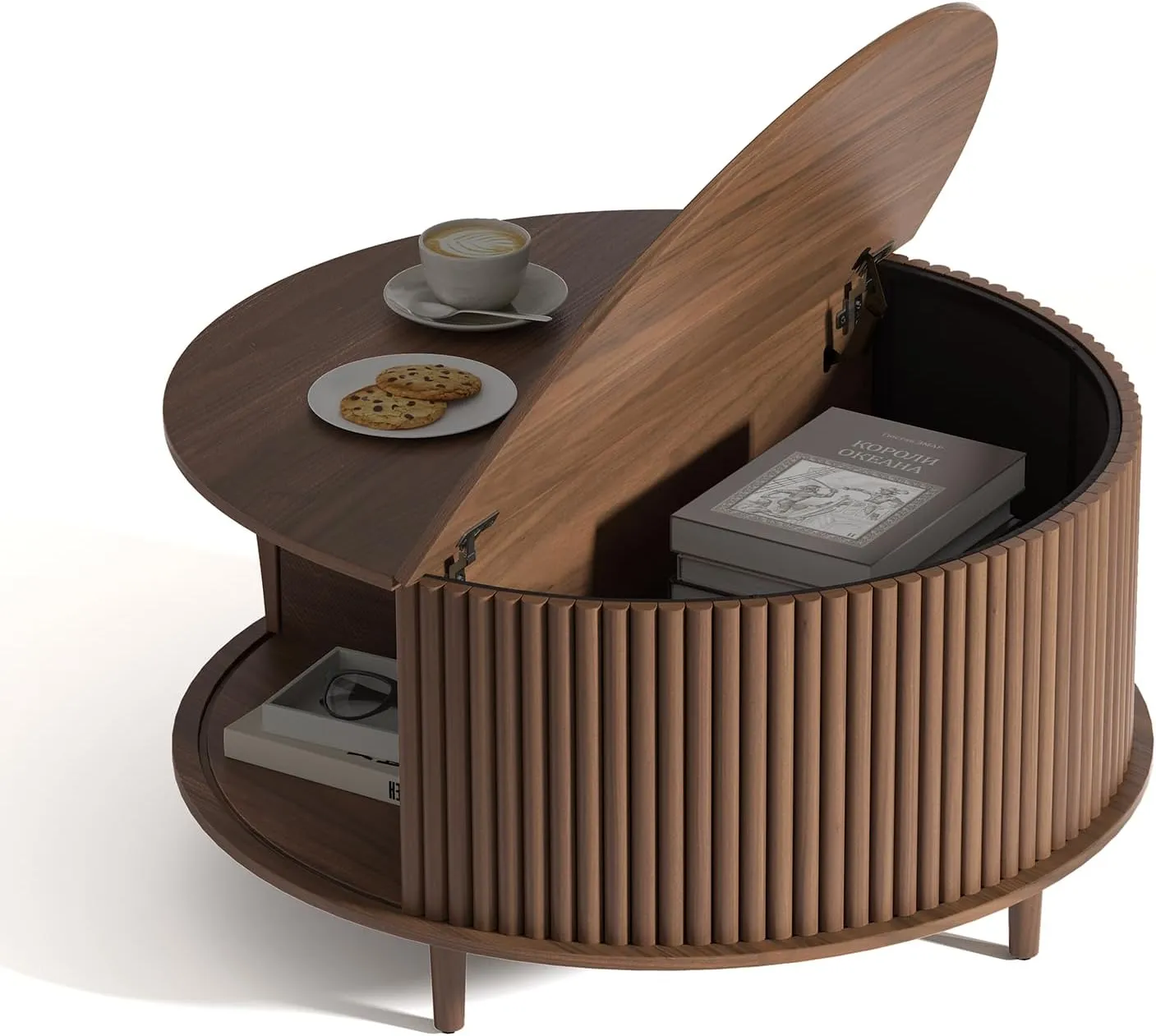 Round Coffee Table with Storage,Mid Century Modern Coffee Table for Living Room,Home Small Space,Fluted Small Center Table with Sliding Cabinet Door,31.5",Walnut