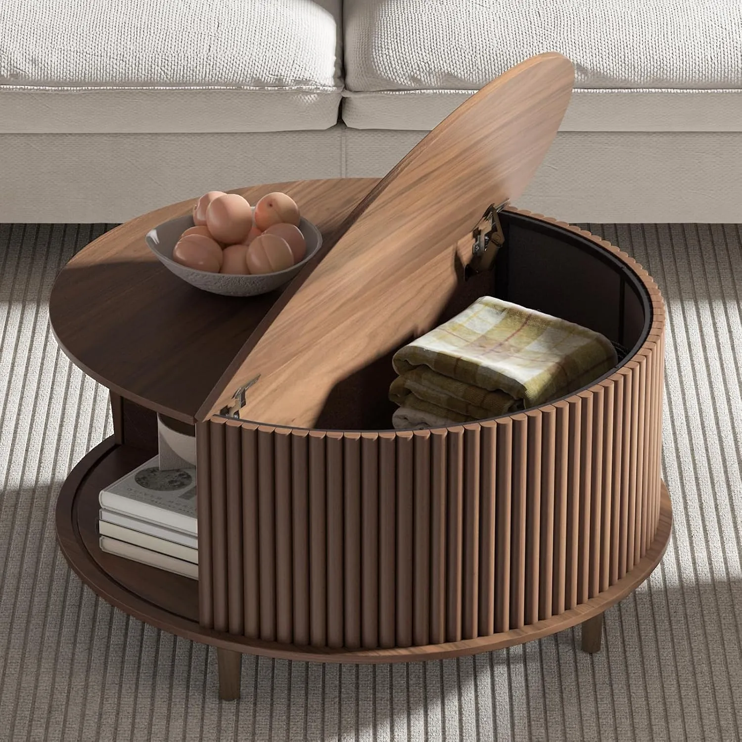 Round Coffee Table with Storage,Mid Century Modern Coffee Table for Living Room,Home Small Space,Fluted Small Center Table with Sliding Cabinet Door,31.5",Walnut