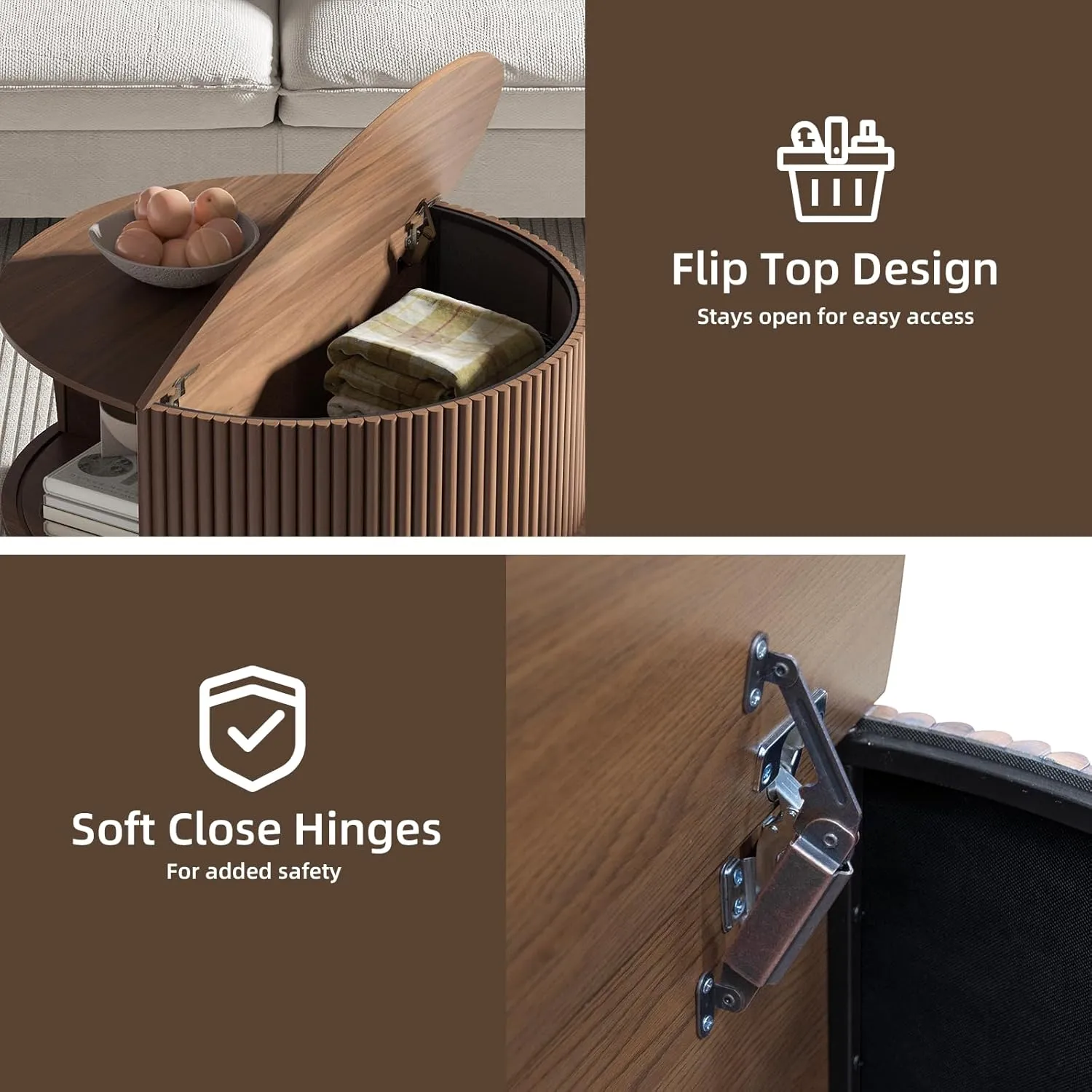Round Coffee Table with Storage,Mid Century Modern Coffee Table for Living Room,Home Small Space,Fluted Small Center Table with Sliding Cabinet Door,31.5",Walnut