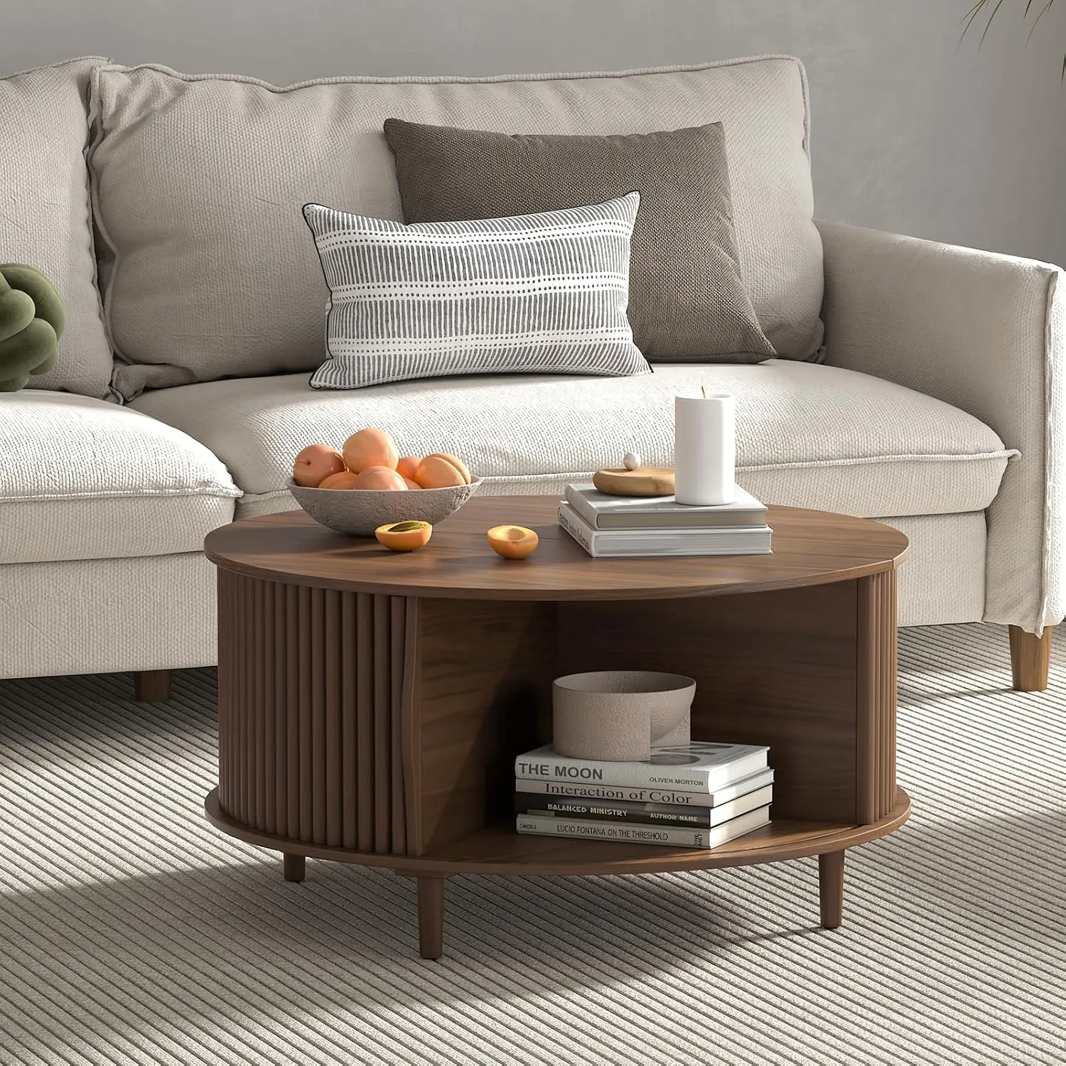 Round Coffee Table with Storage,Mid Century Modern Coffee Table for Living Room,Home Small Space,Fluted Small Center Table with Sliding Cabinet Door,31.5",Walnut