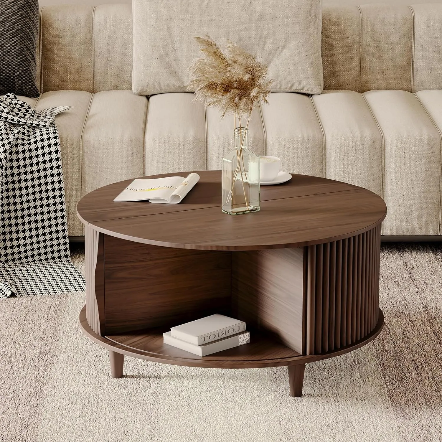 Round Coffee Table with Storage,Mid Century Modern Coffee Table for Living Room,Home Small Space,Fluted Small Center Table with Sliding Cabinet Door,31.5",Walnut