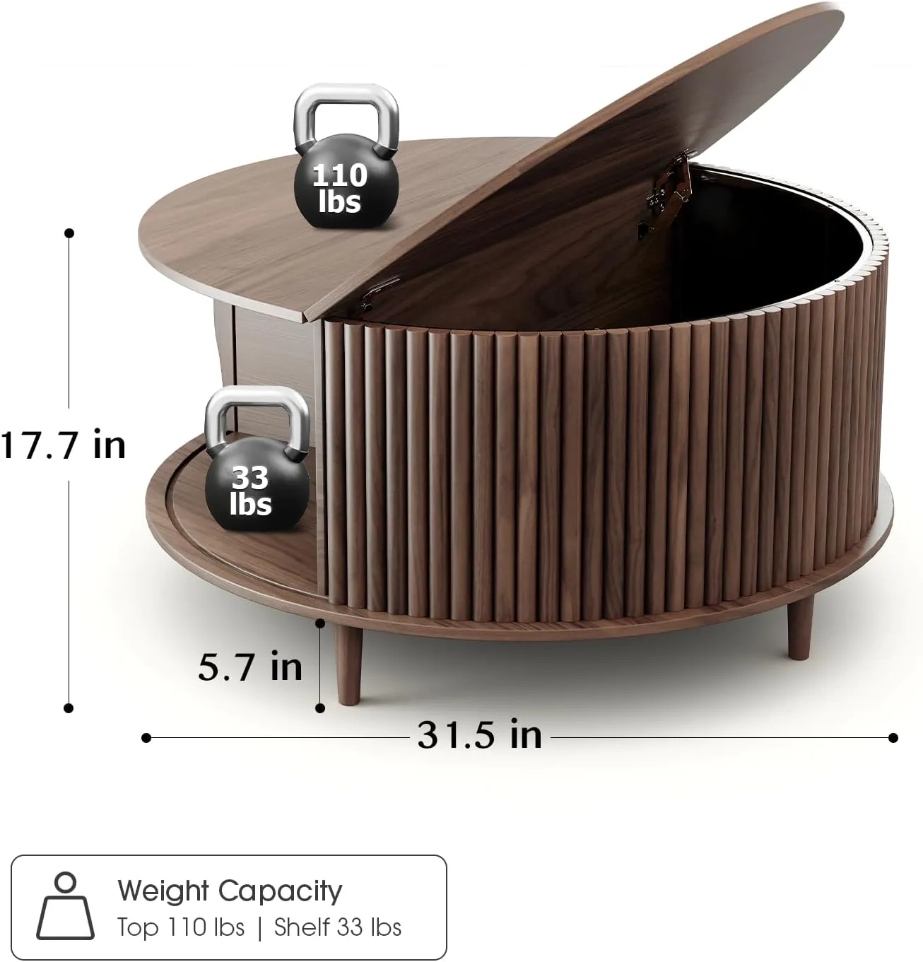 Round Coffee Table with Storage,Mid Century Modern Coffee Table for Living Room,Home Small Space,Fluted Small Center Table with Sliding Cabinet Door,31.5",Walnut