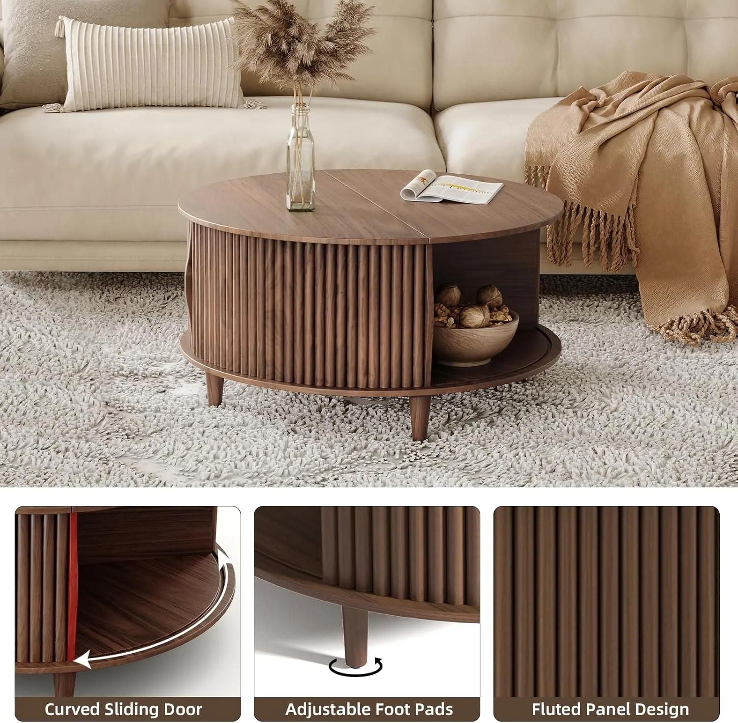 Round Coffee Table with Storage,Mid Century Modern Coffee Table for Living Room,Home Small Space,Fluted Small Center Table with Sliding Cabinet Door,31.5",Walnut