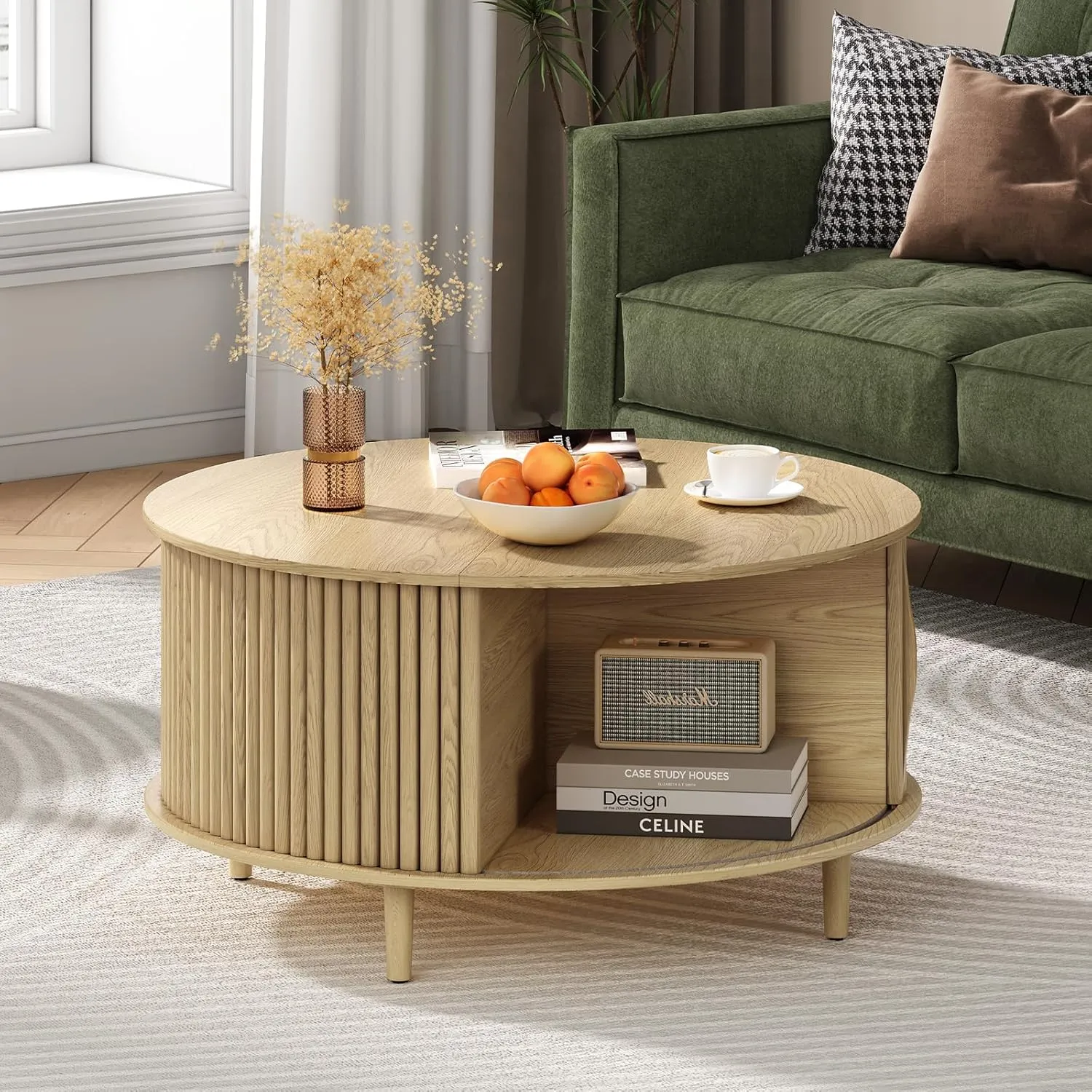 Round Coffee Table with Storage,Mid Century Modern Dining Table with Sliding Cabinet Door for Living Room,Home Small Space,31.5" Small Center Table,Oak