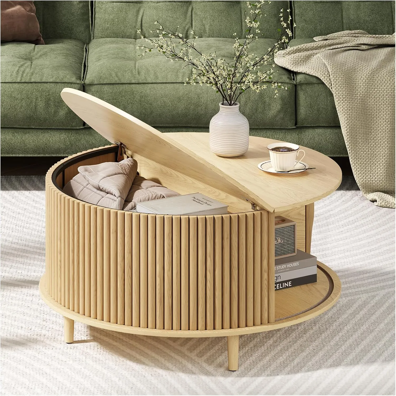 Round Coffee Table with Storage,Mid Century Modern Dining Table with Sliding Cabinet Door for Living Room,Home Small Space,31.5" Small Center Table,Oak