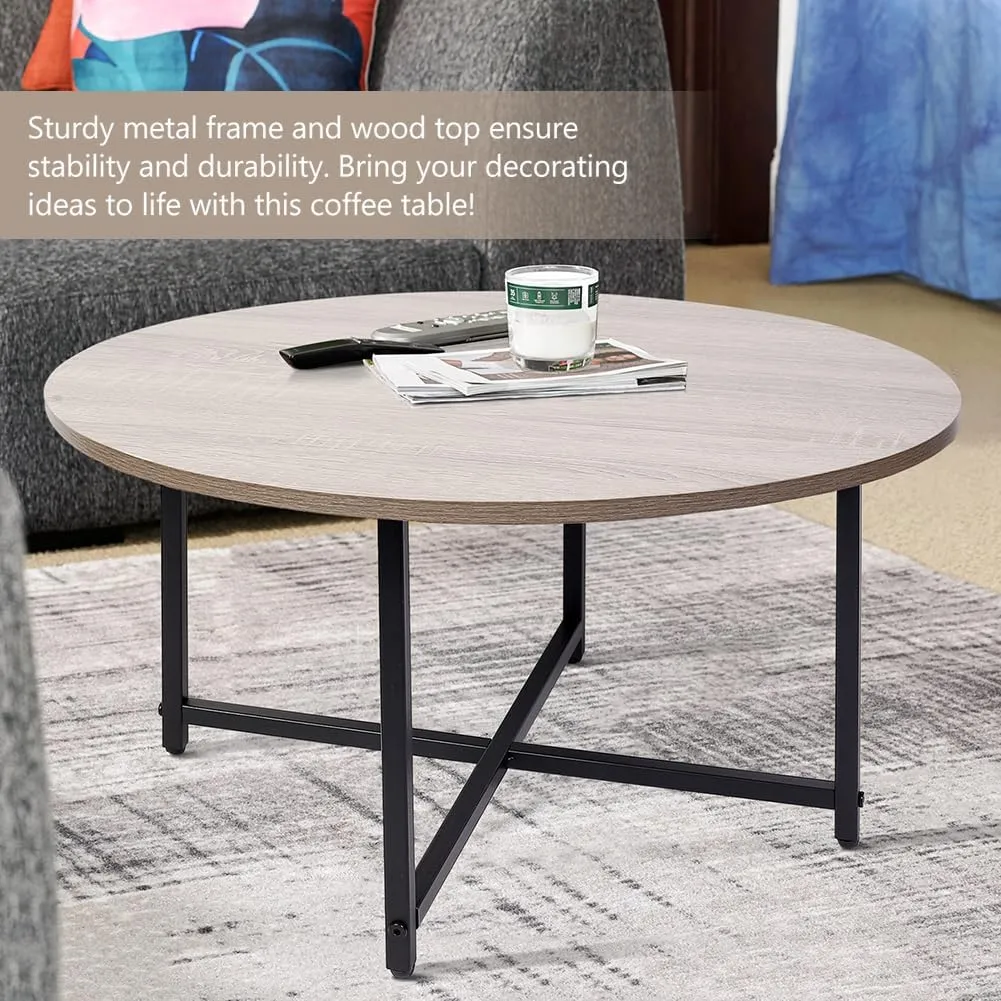 Round Coffee Table,Living Room Table,31.5" Wood Circle Coffee Table with Metal Frame and Wood Desktop,Easy Assembly,Grey