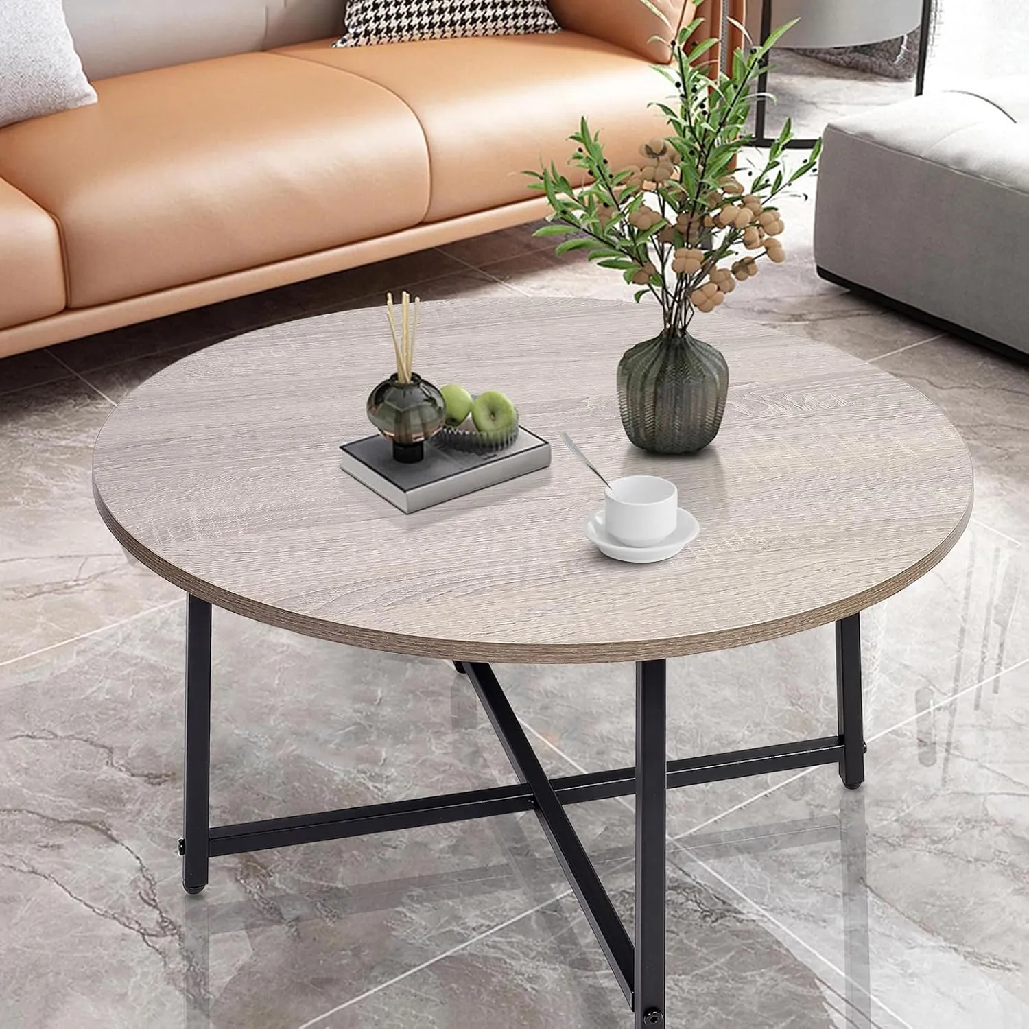 Round Coffee Table,Living Room Table,31.5" Wood Circle Coffee Table with Metal Frame and Wood Desktop,Easy Assembly,Grey