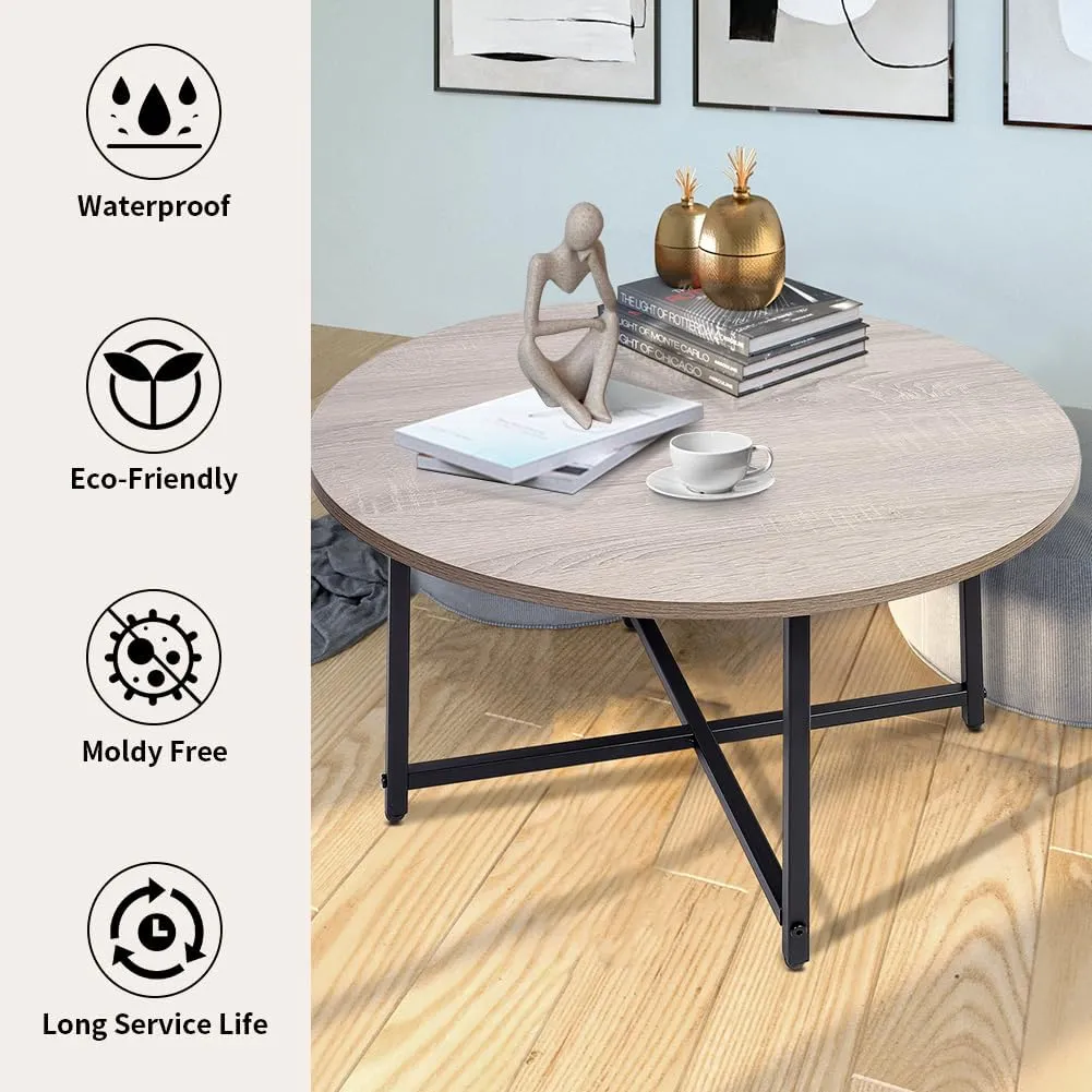 Round Coffee Table,Living Room Table,31.5" Wood Circle Coffee Table with Metal Frame and Wood Desktop,Easy Assembly,Grey