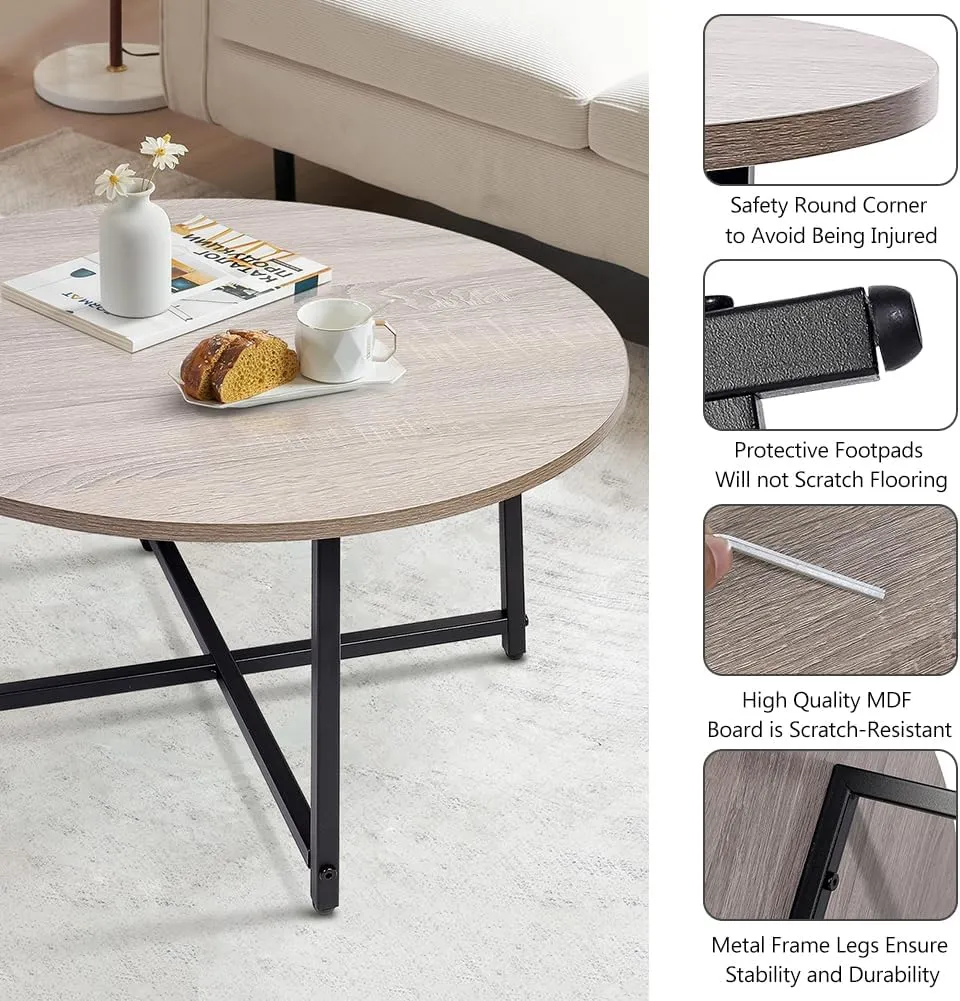 Round Coffee Table,Living Room Table,31.5" Wood Circle Coffee Table with Metal Frame and Wood Desktop,Easy Assembly,Grey