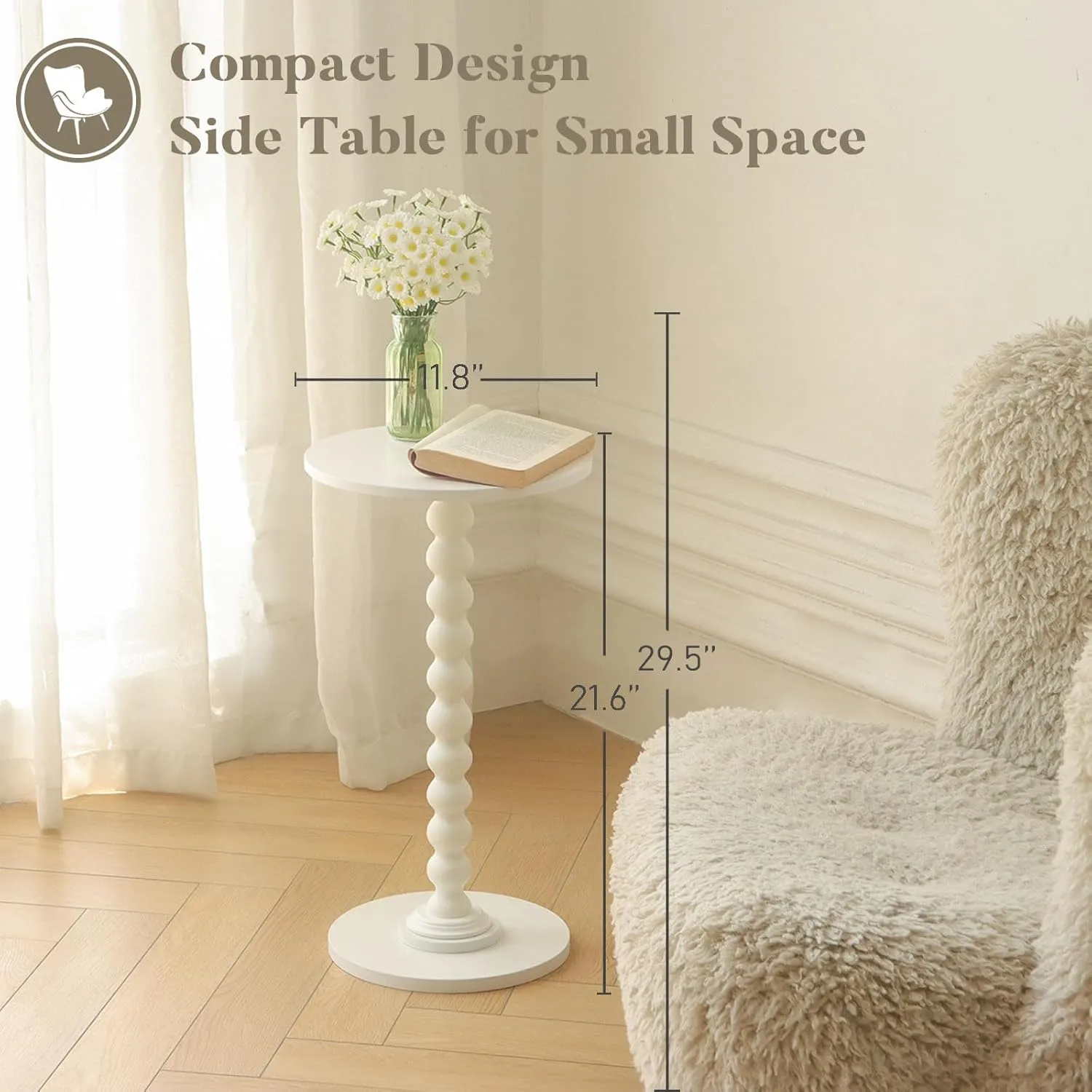 Round Side Table, Small Drink Table for Small Spaces, Modern Accent End Table Nightstand with Solid Wood Leg for Living Room, Bedroom, Corners, and Office (White)