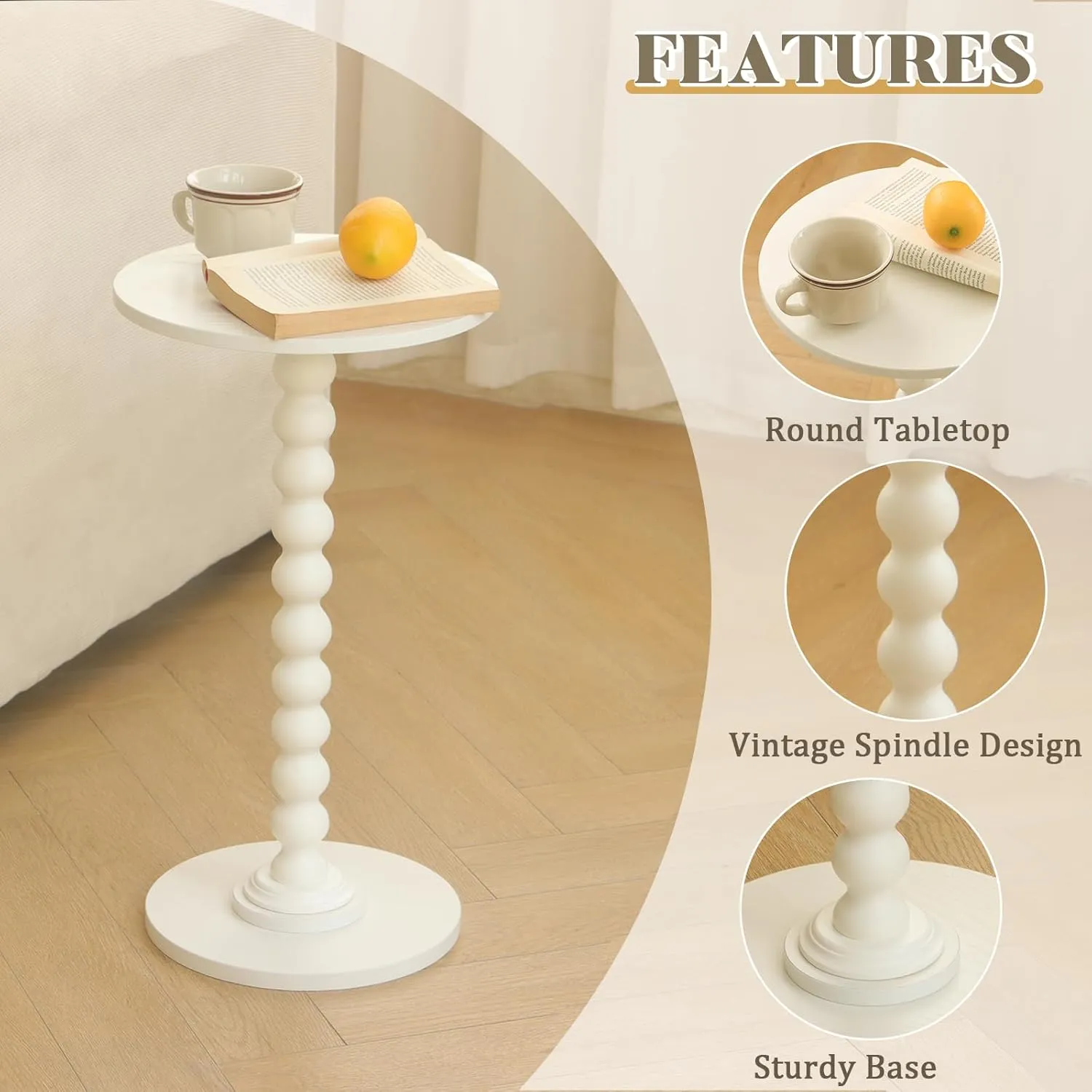 Round Side Table, Small Drink Table for Small Spaces, Modern Accent End Table Nightstand with Solid Wood Leg for Living Room, Bedroom, Corners, and Office (White)
