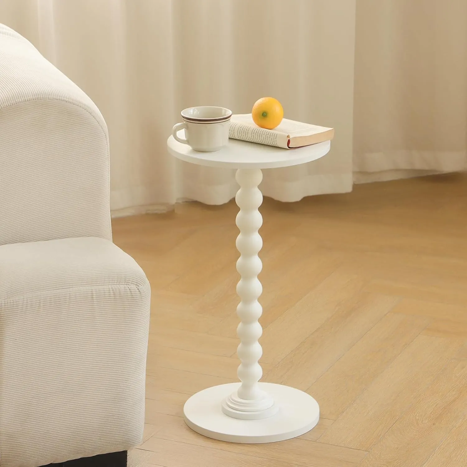 Round Side Table, Small Drink Table for Small Spaces, Modern Accent End Table Nightstand with Solid Wood Leg for Living Room, Bedroom, Corners, and Office (White)