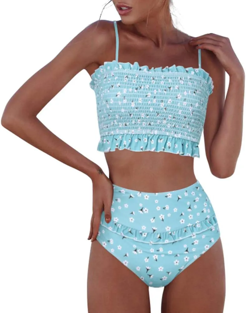RXRXCOCO Womens Shirred Bandeau Bikini Cute Two Piece Swimsuit Off Shoulder High Waist Bathing Suit