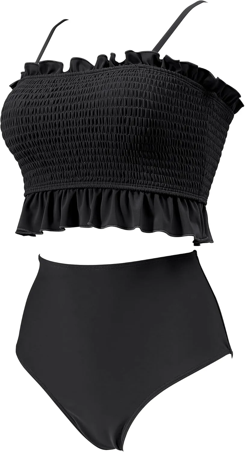 RXRXCOCO Womens Shirred Bandeau Bikini Cute Two Piece Swimsuit Off Shoulder High Waist Bathing Suit