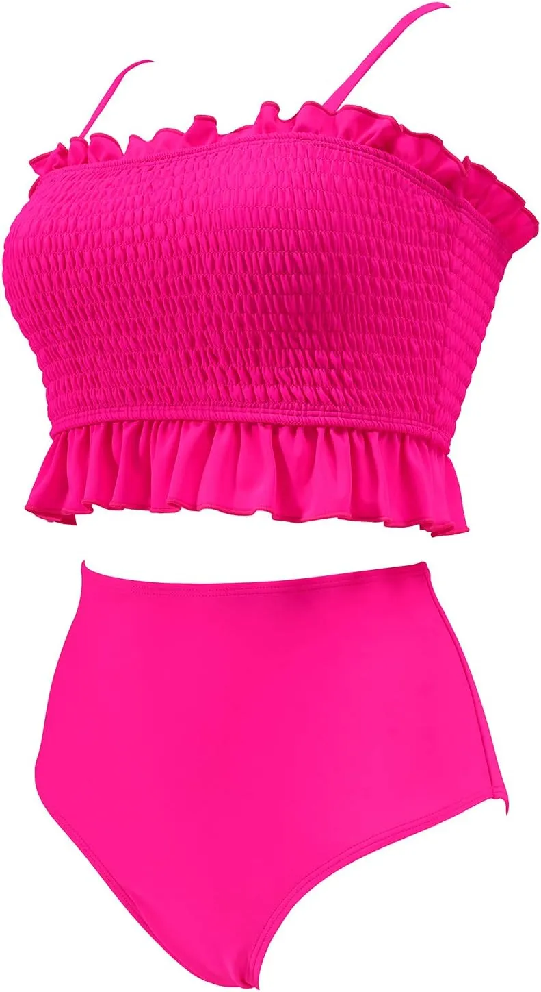 RXRXCOCO Womens Shirred Bandeau Bikini Cute Two Piece Swimsuit Off Shoulder High Waist Bathing Suit