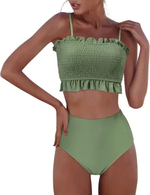 RXRXCOCO Womens Shirred Bandeau Bikini Cute Two Piece Swimsuit Off Shoulder High Waist Bathing Suit