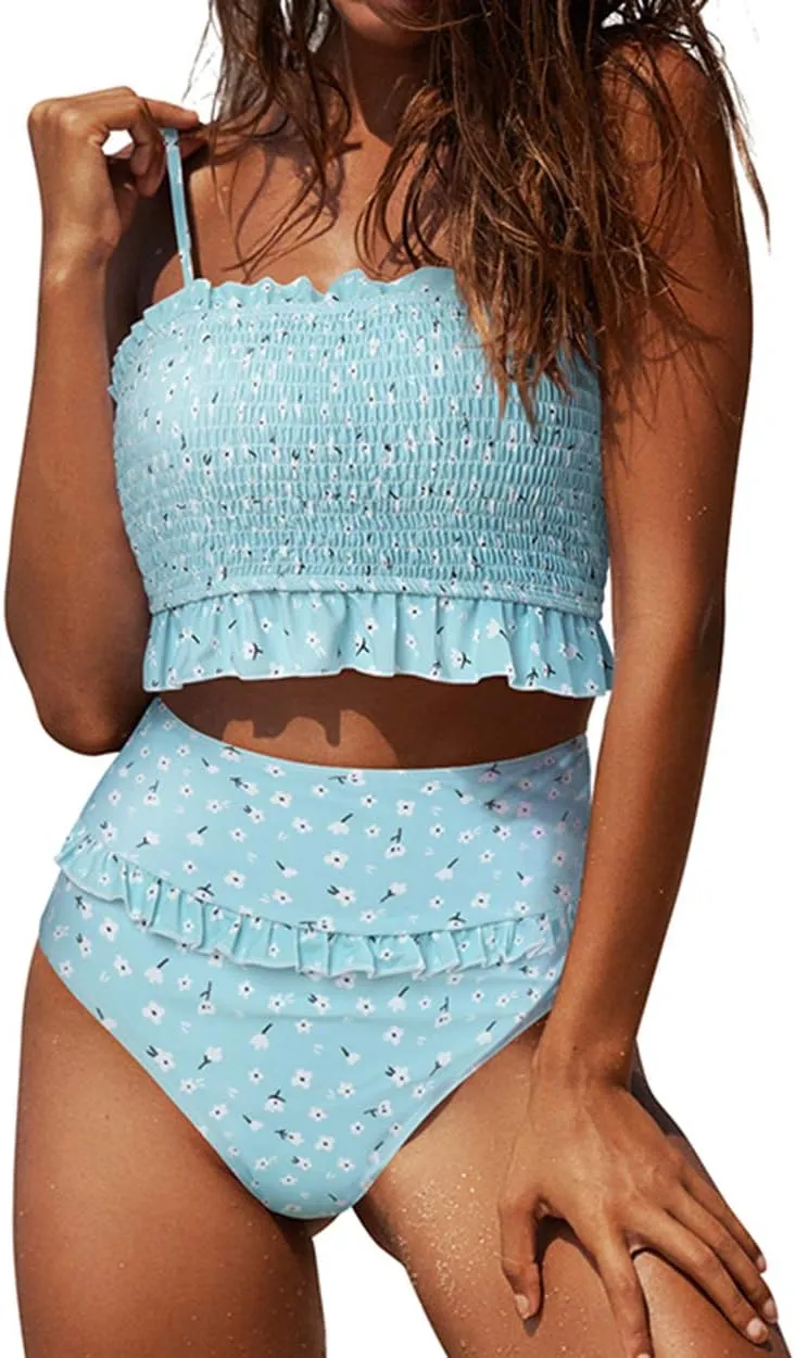 RXRXCOCO Womens Shirred Bandeau Bikini Cute Two Piece Swimsuit Off Shoulder High Waist Bathing Suit