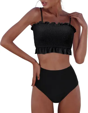 RXRXCOCO Womens Shirred Bandeau Bikini Cute Two Piece Swimsuit Off Shoulder High Waist Bathing Suit