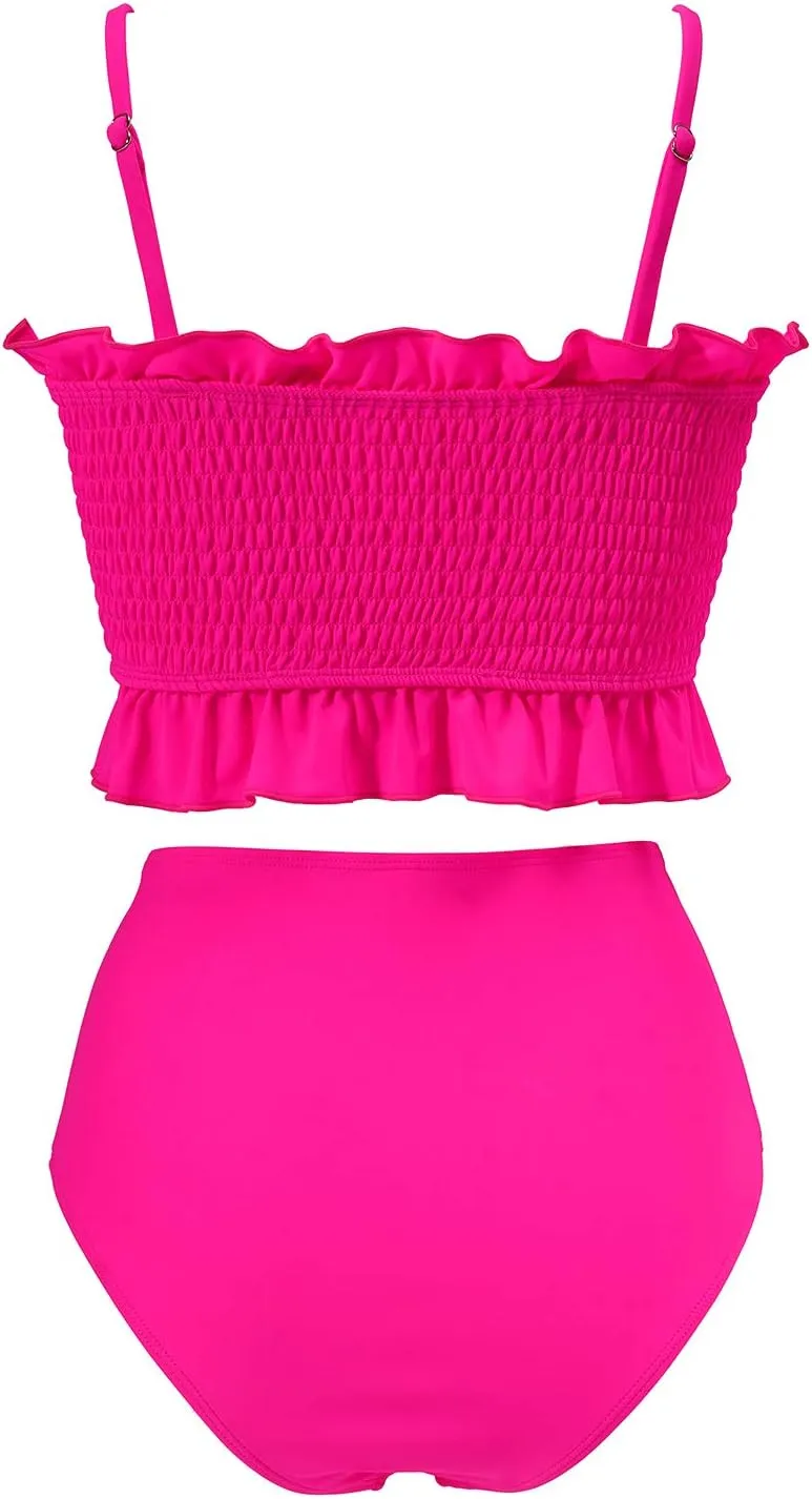 RXRXCOCO Womens Shirred Bandeau Bikini Cute Two Piece Swimsuit Off Shoulder High Waist Bathing Suit