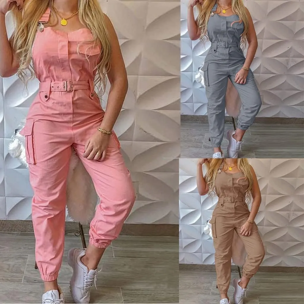 SACFOF Womens Casual Overalls Romper Solid Color Adjustable Straps Cargo Trousers Beam Foot One Piece Jumpsuit with Belt