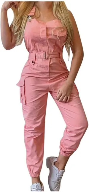 SACFOF Womens Casual Overalls Romper Solid Color Adjustable Straps Cargo Trousers Beam Foot One Piece Jumpsuit with Belt