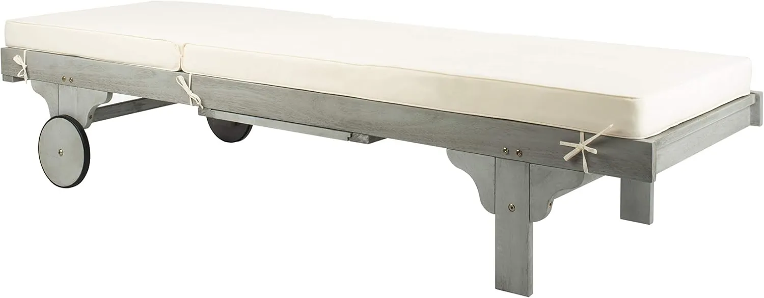 SAFAVIEH Outdoor Collection Newport Grey / Beige Cushion Built-in Side Table Adjustable Chaise Lounge Chair