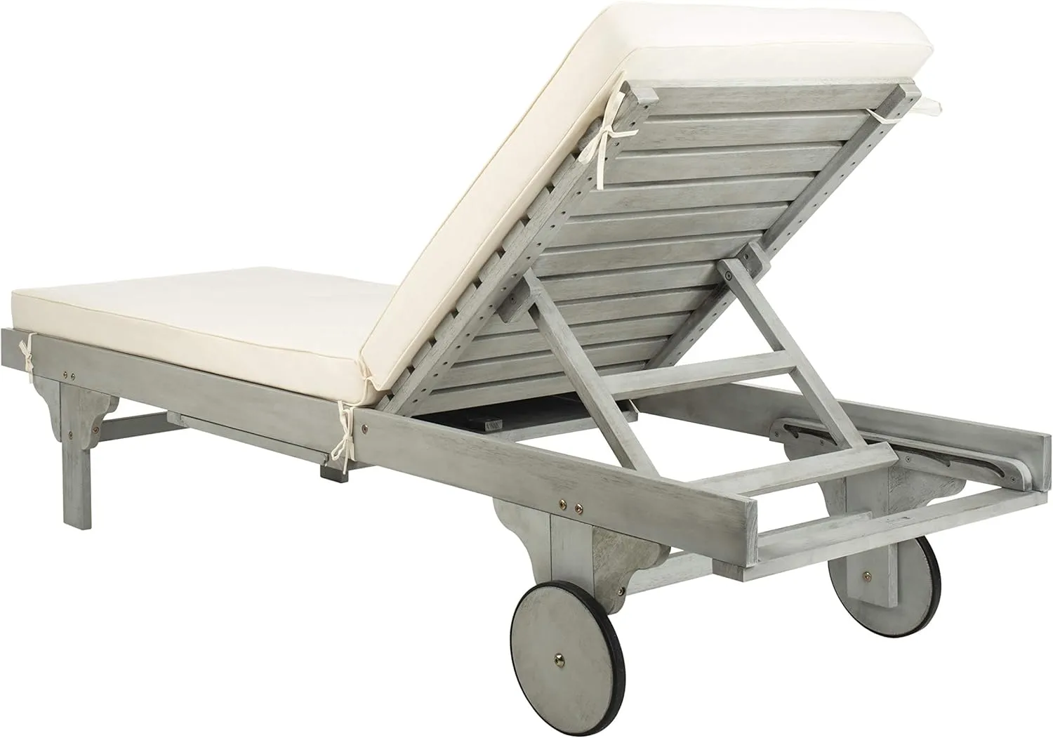 SAFAVIEH Outdoor Collection Newport Grey / Beige Cushion Built-in Side Table Adjustable Chaise Lounge Chair