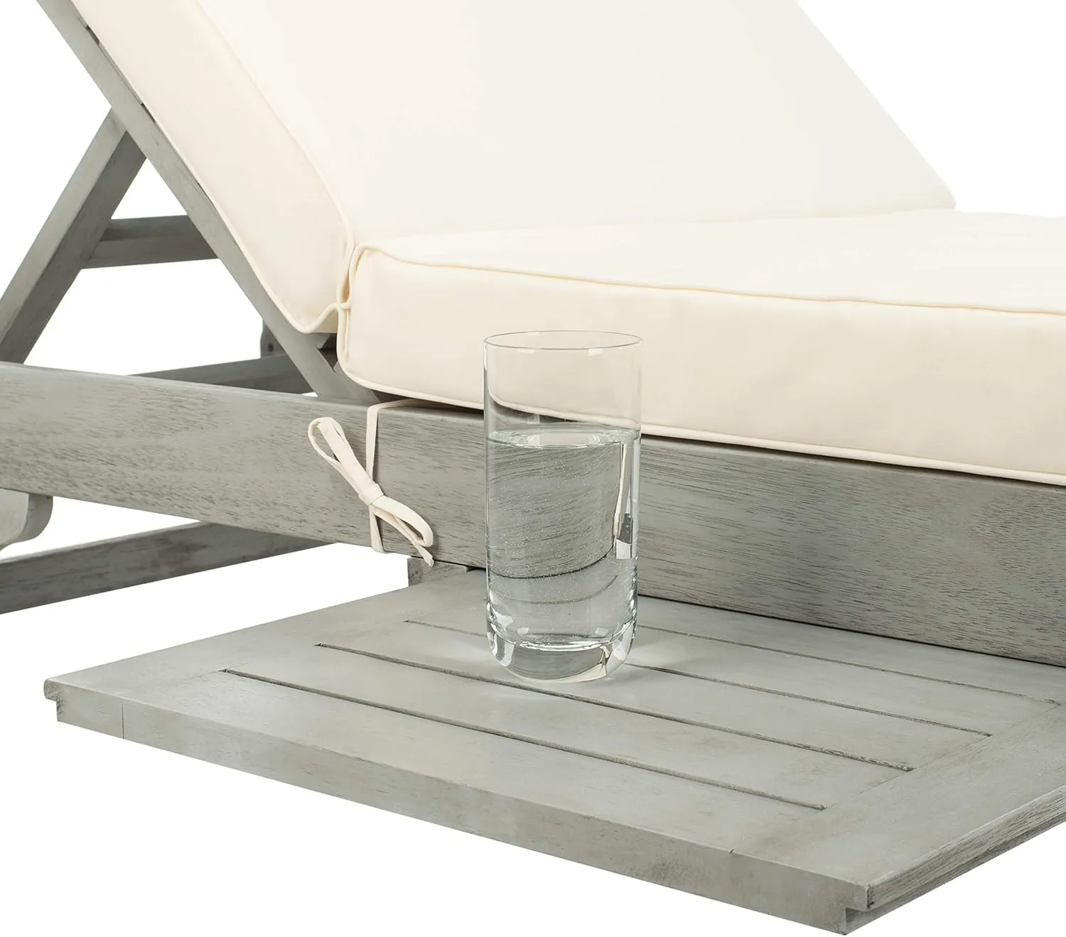 SAFAVIEH Outdoor Collection Newport Grey / Beige Cushion Built-in Side Table Adjustable Chaise Lounge Chair