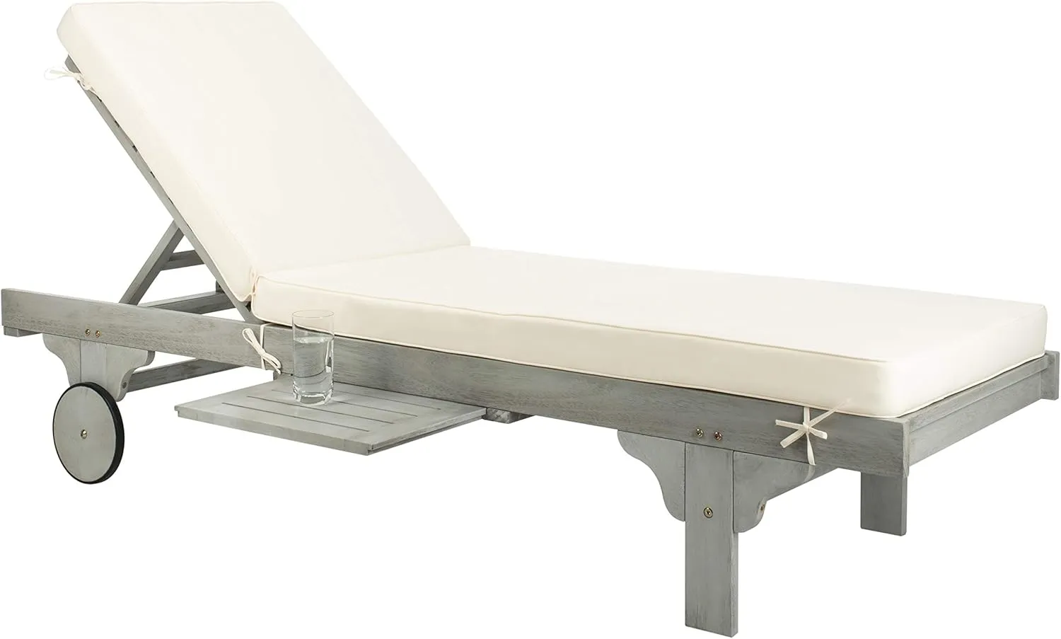 SAFAVIEH Outdoor Collection Newport Grey / Beige Cushion Built-in Side Table Adjustable Chaise Lounge Chair