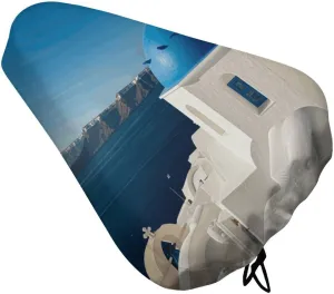 Santorini Greek Island Sea View Bike Seat Cover Water-Repellent Exercise Bike Seat Cushion Bicycle Saddle Cover with Drawstring Rain Snow Dust Covers for City Mountain Road Biking