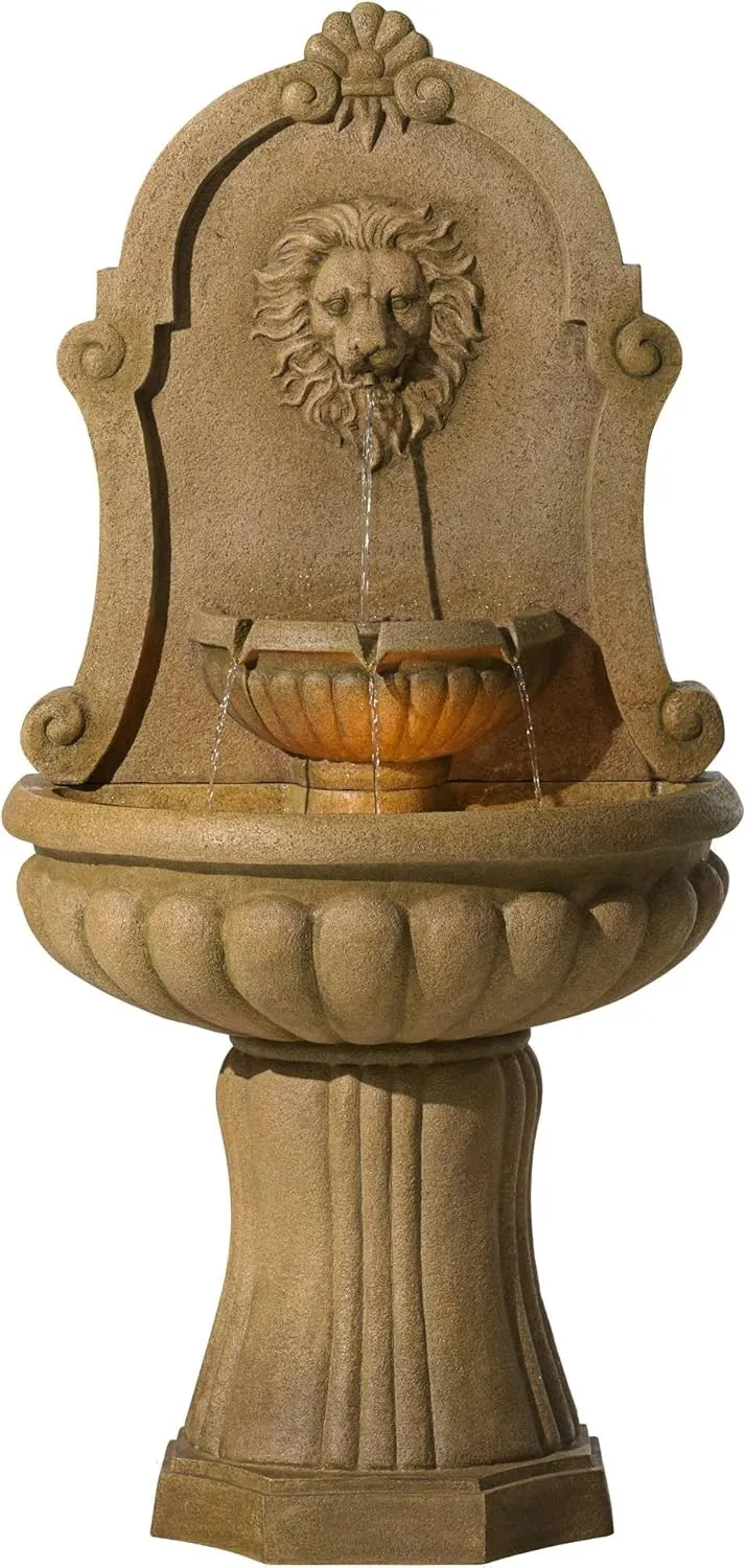 Savanna Lion Head Roman Outdoor Water Wall Fountain 58" High with LED Light Tiered Cascading for Garden Patio Backyard Deck Home Lawn Porch House Relaxation Exterior Balcony - John Timberland