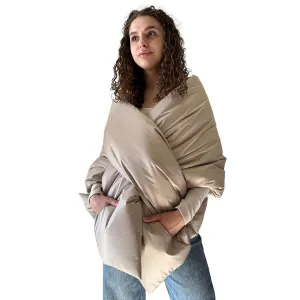 Scarf Coat Outfit Beige Long Cape Lagre Wide Scarf Puffer 20x80 inch with 2 pocket and Belt. Cape around shoulders wrap. Winter quilted shawl. Warm padded scarf. Down puffy scarves.