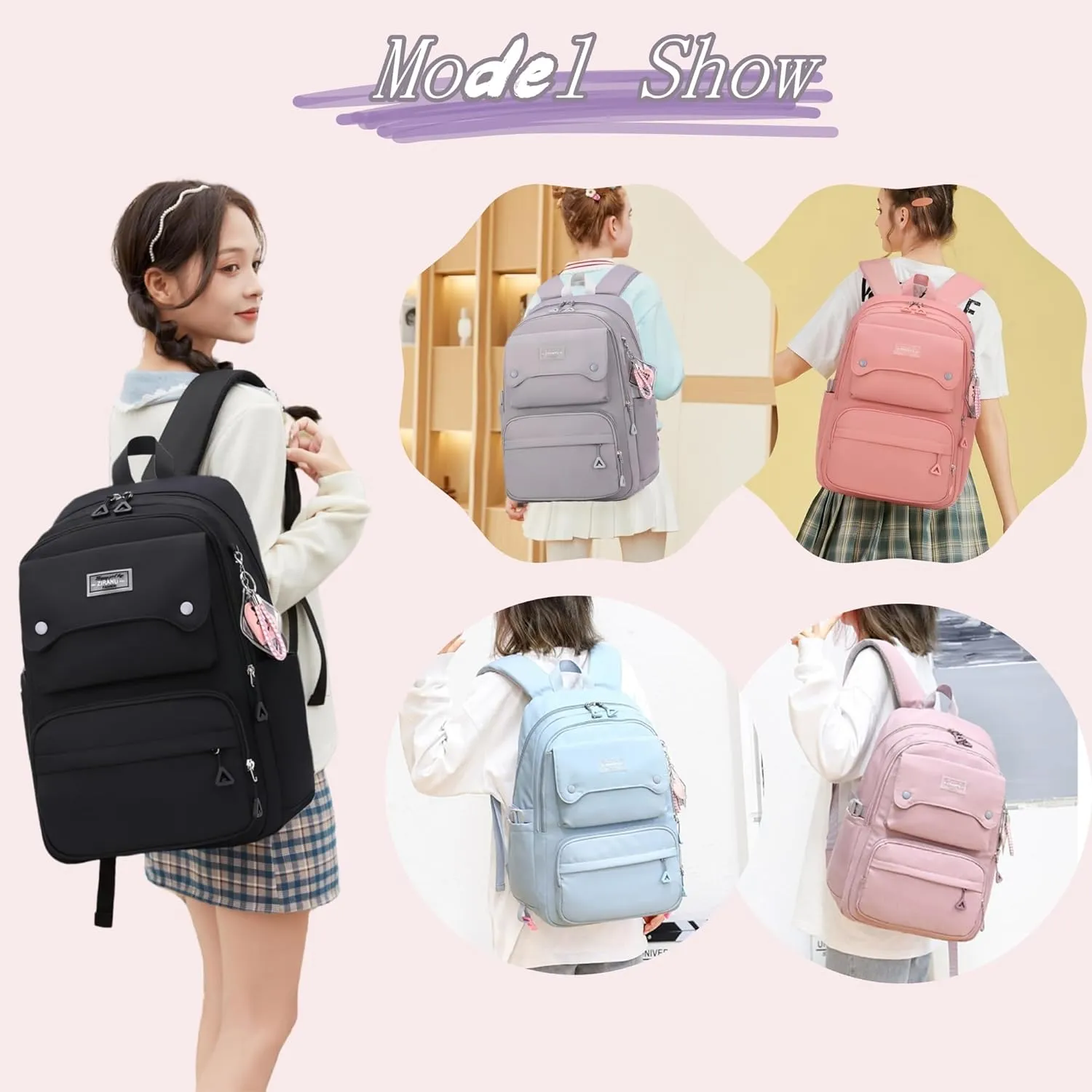 School Backpack for Teens Girls Solid Color, Multi-pocket School Bag Girls Backpack for Kids