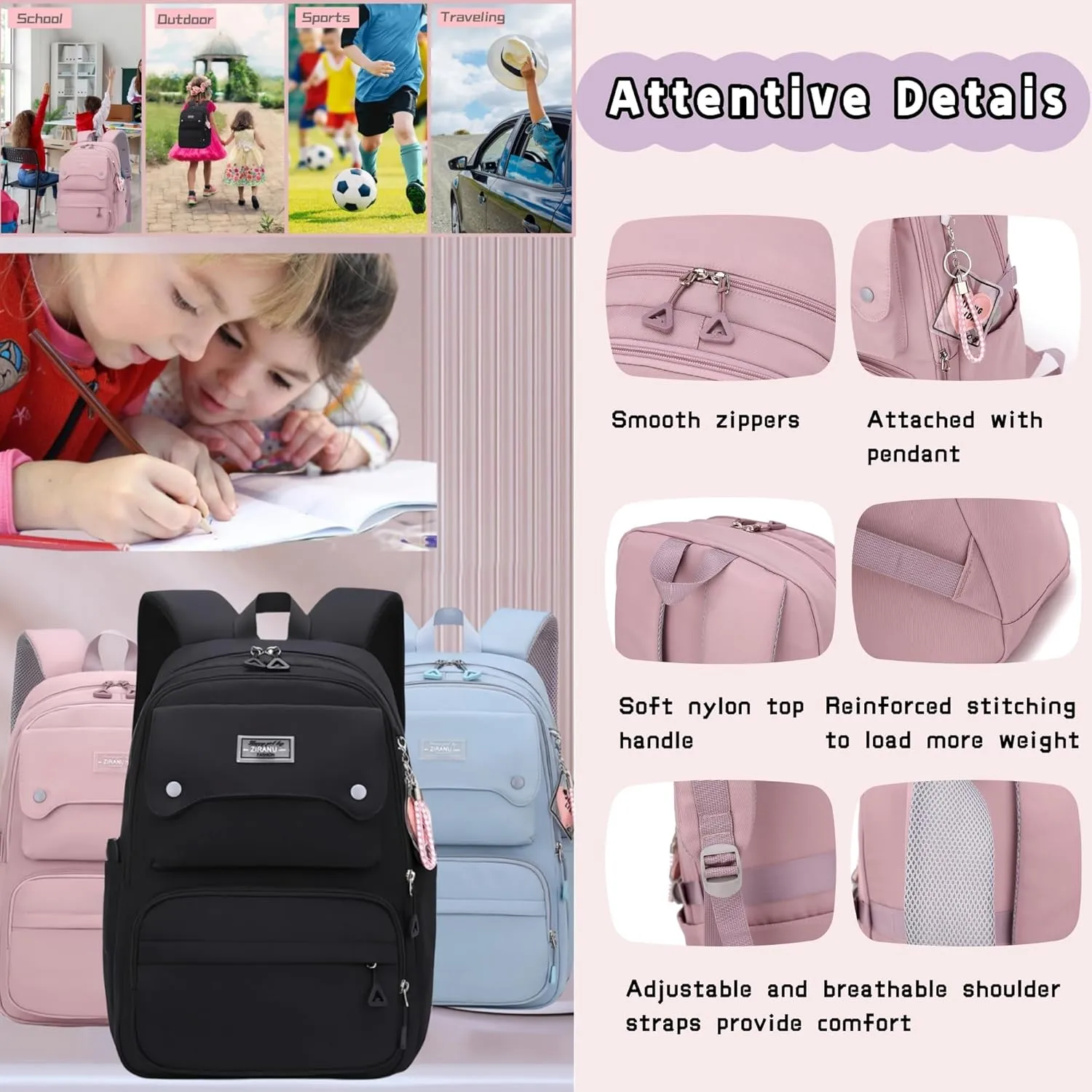 School Backpack for Teens Girls Solid Color, Multi-pocket School Bag Girls Backpack for Kids