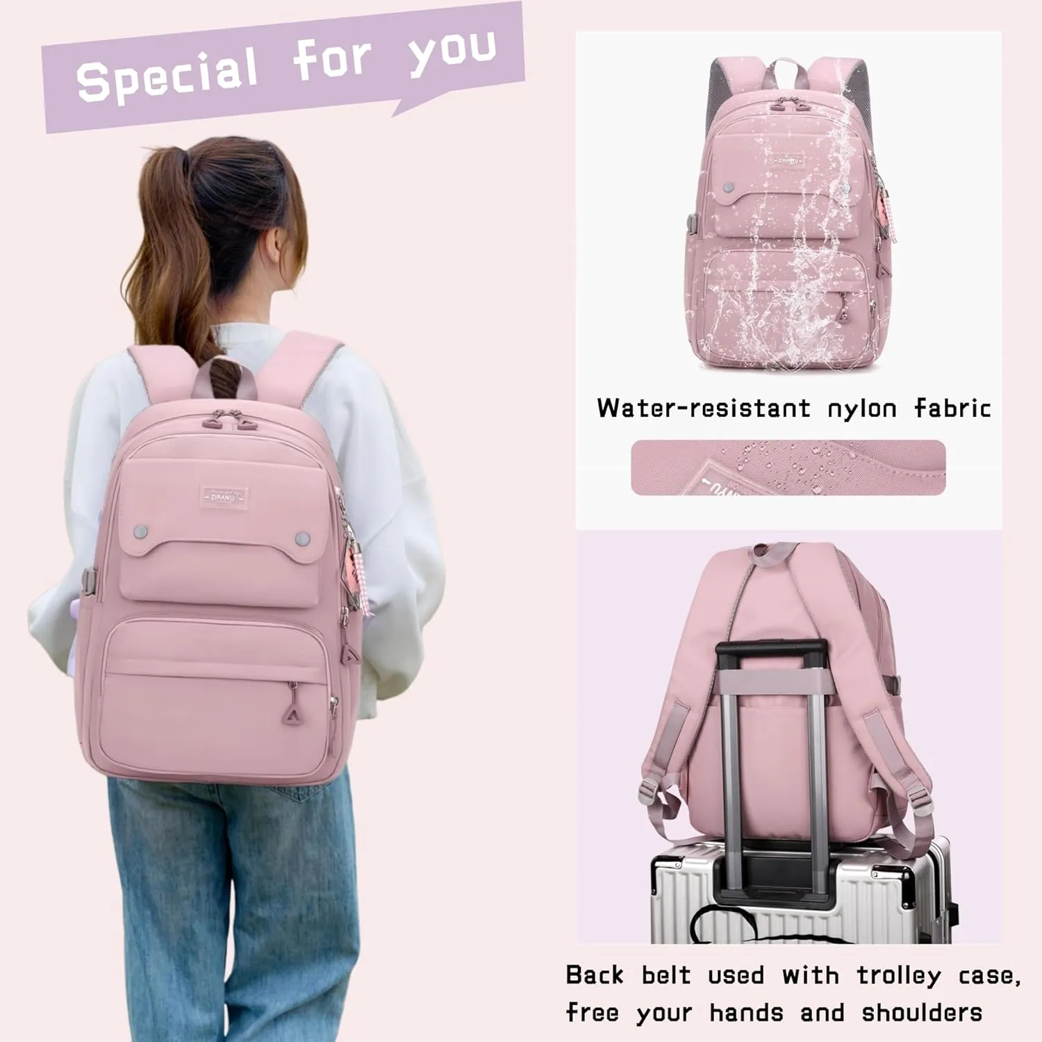 School Backpack for Teens Girls Solid Color, Multi-pocket School Bag Girls Backpack for Kids