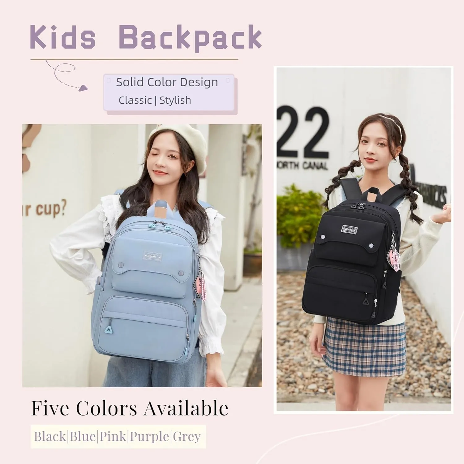 School Backpack for Teens Girls Solid Color, Multi-pocket School Bag Girls Backpack for Kids