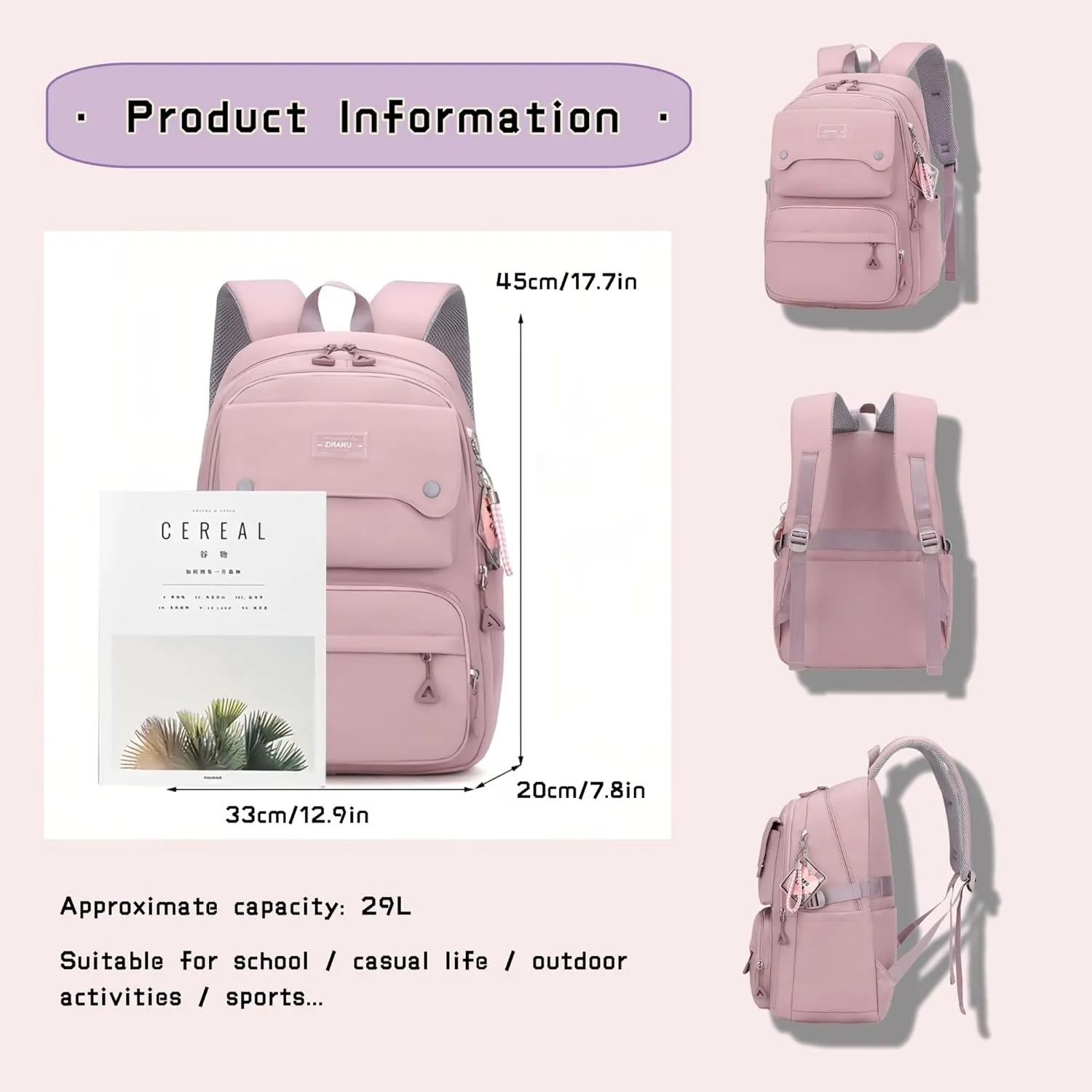 School Backpack for Teens Girls Solid Color, Multi-pocket School Bag Girls Backpack for Kids