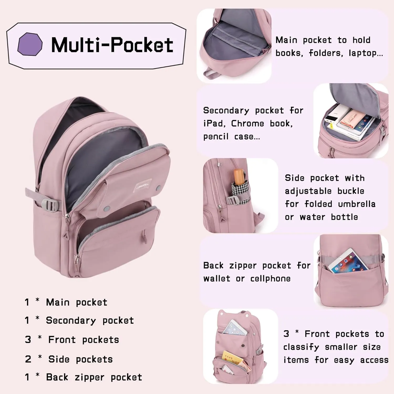 School Backpack for Teens Girls Solid Color, Multi-pocket School Bag Girls Backpack for Kids