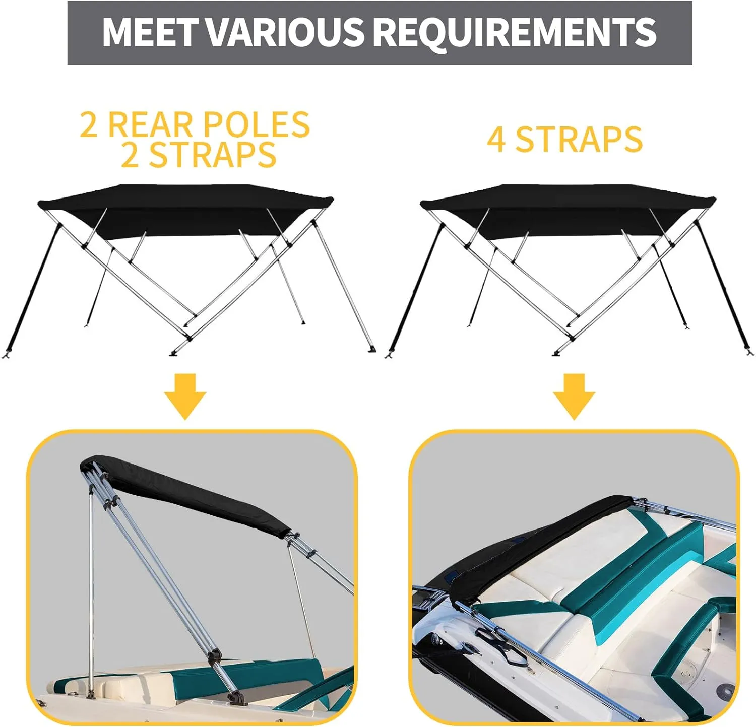 Seamander 3 Bow Bimini Top Boat Cover Sun Shade Boat Canopy Waterproof 1 Inch Aluminum Frame with Rear Support Pole and Storage Boot