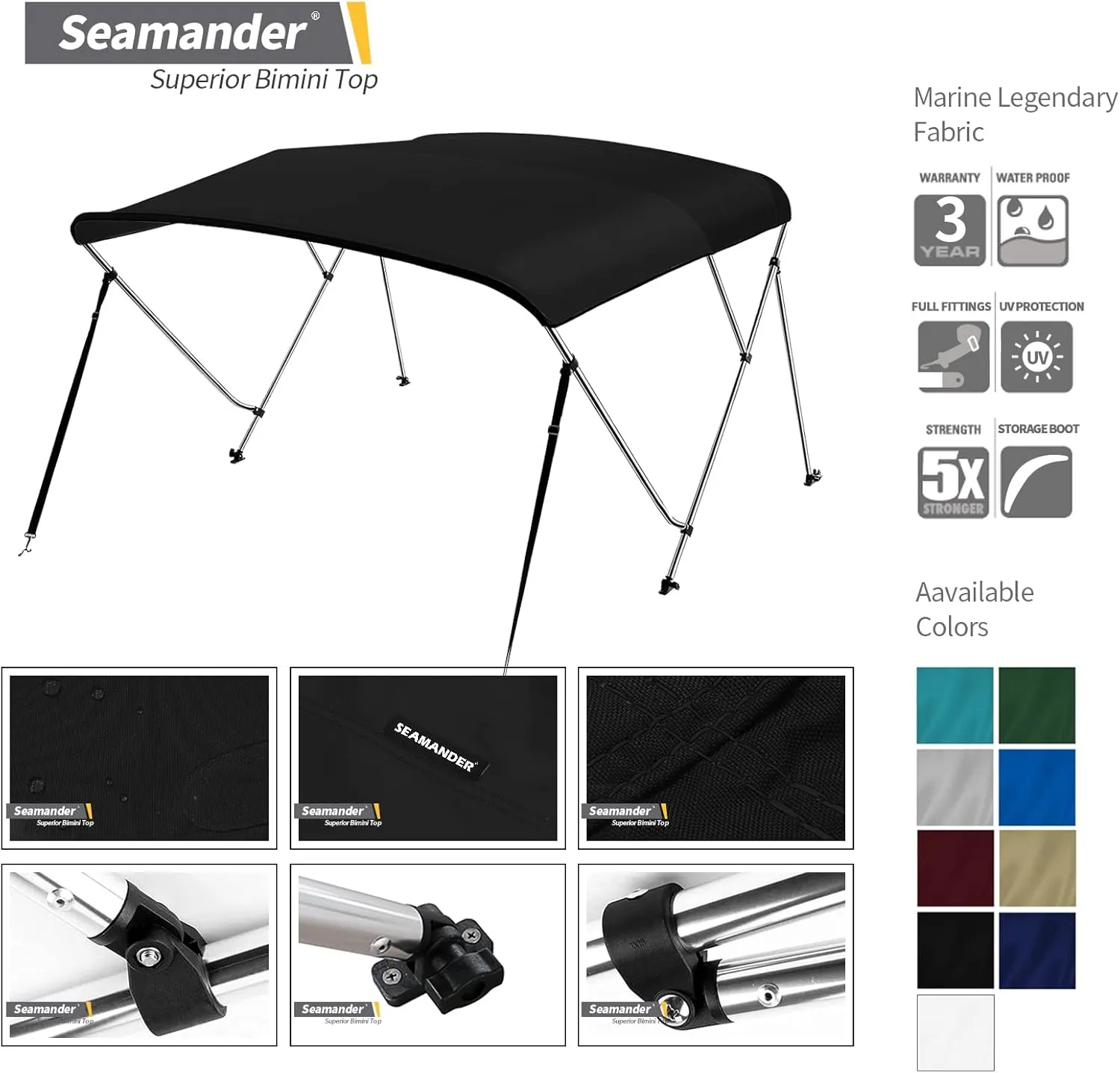Seamander 3 Bow Bimini Top Boat Cover Sun Shade Boat Canopy Waterproof 1 Inch Aluminum Frame with Rear Support Pole and Storage Boot