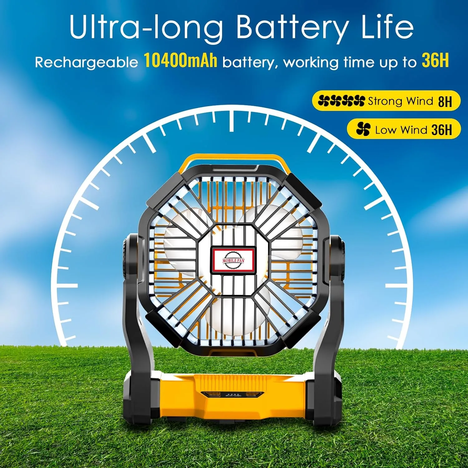 Sendowtek Portable Battery Fan with LED Light, 10400mAh Quiet Rechargeable Tent Fan with Hanging Hook 4 Speed Small USB Battery Powered Camping Fans for Travel Picnic Outdoor Indoor Cooling Sleeping