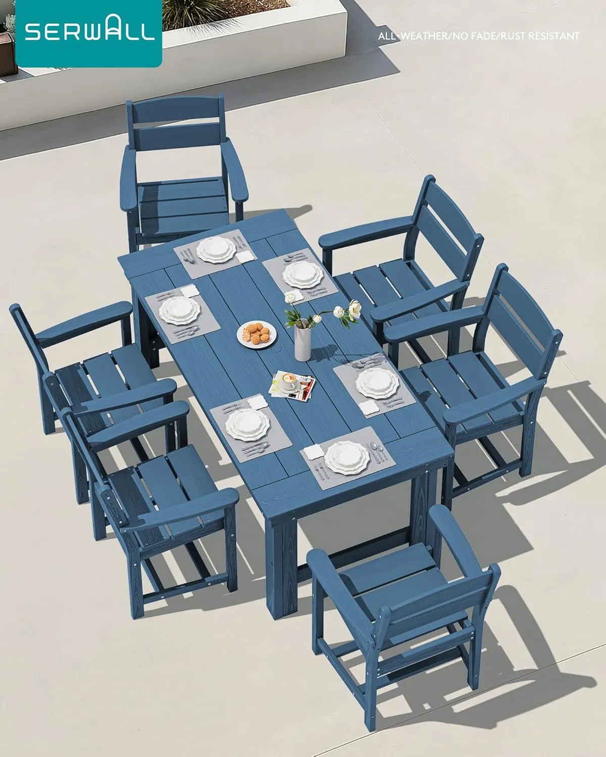 SERWALL Outdoor Dining Table Set, 67‘’ HDPE Patio Dining Set for 6, All-Weather Outdoor Table and Chairs Set for Deck