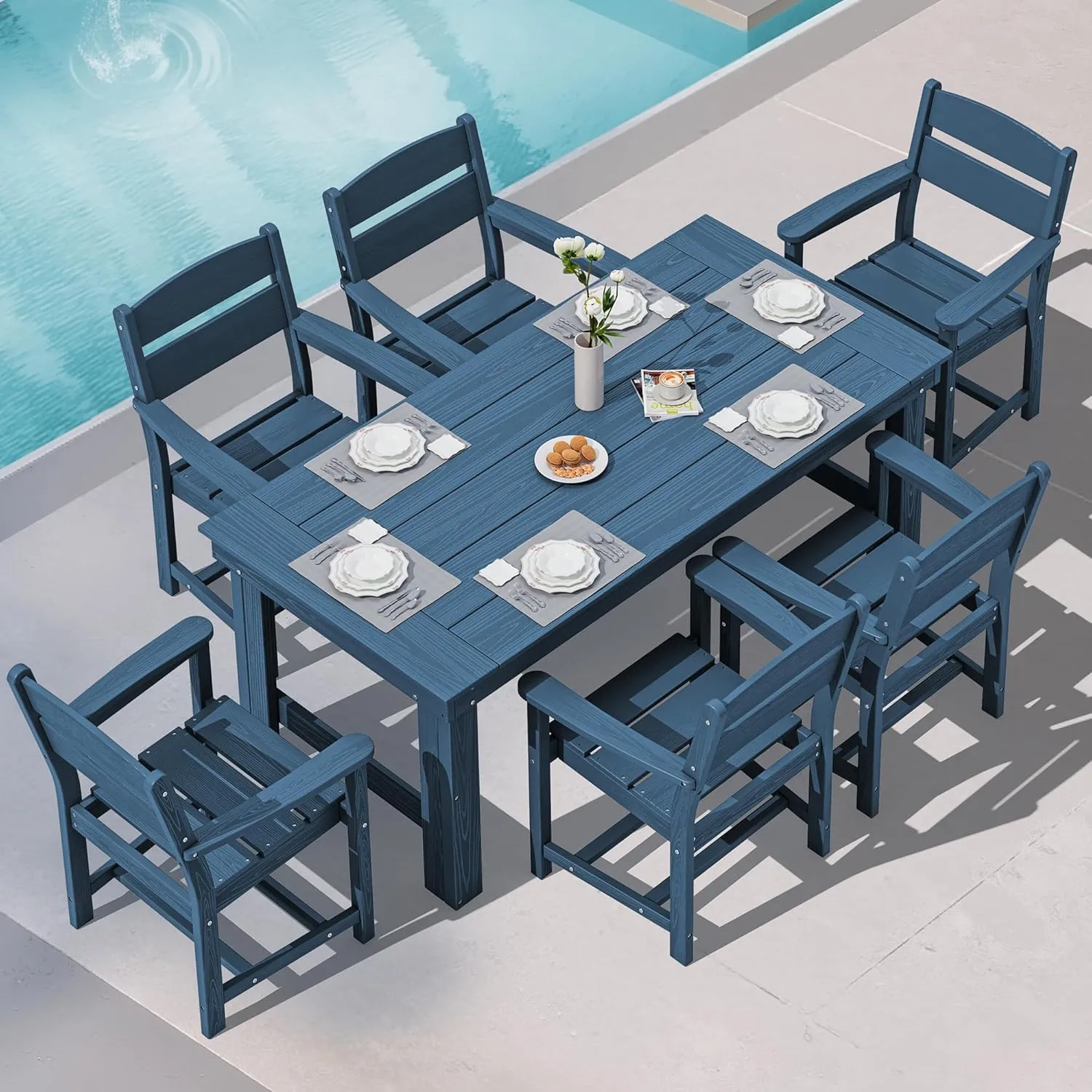 SERWALL Outdoor Dining Table Set, 67‘’ HDPE Patio Dining Set for 6, All-Weather Outdoor Table and Chairs Set for Deck