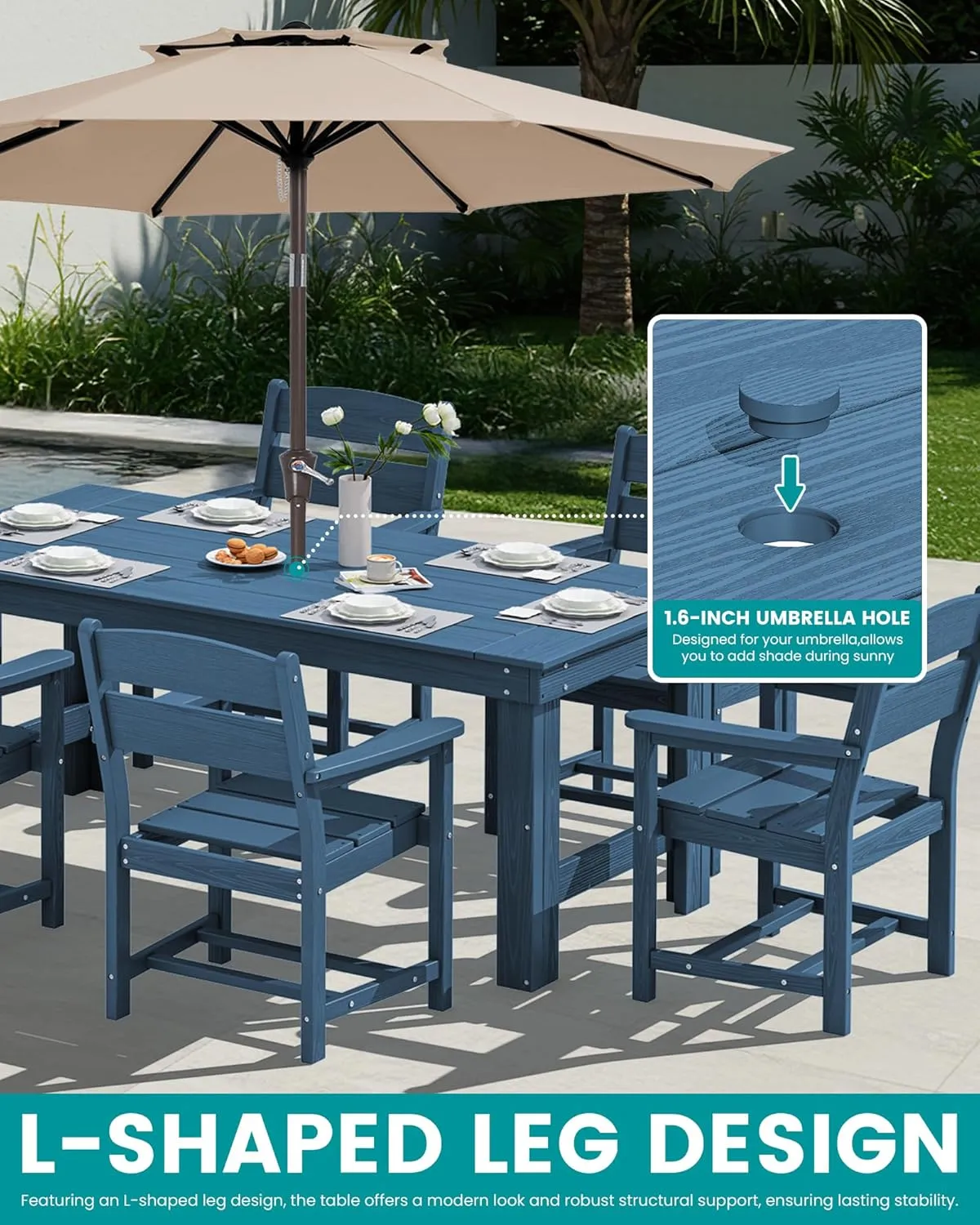 SERWALL Outdoor Dining Table Set, 67‘’ HDPE Patio Dining Set for 6, All-Weather Outdoor Table and Chairs Set for Deck