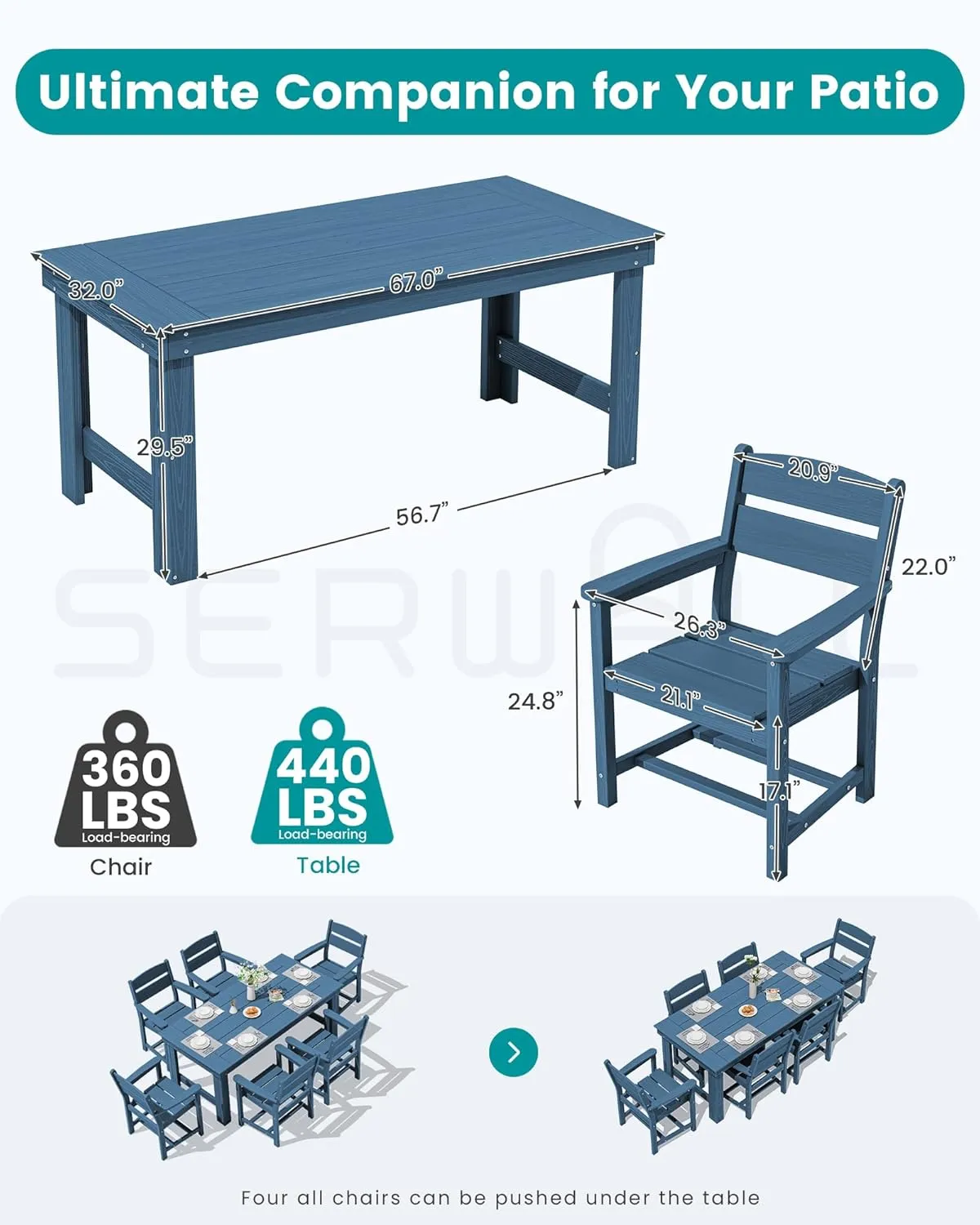 SERWALL Outdoor Dining Table Set, 67‘’ HDPE Patio Dining Set for 6, All-Weather Outdoor Table and Chairs Set for Deck