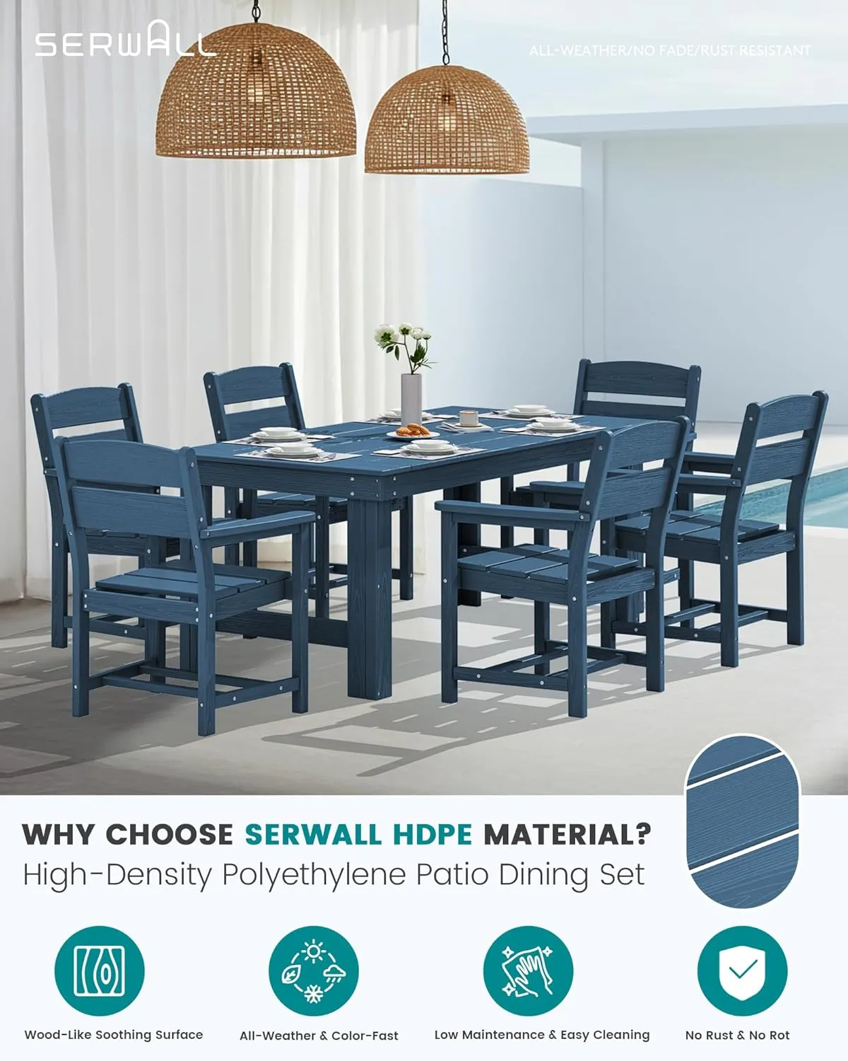 SERWALL Outdoor Dining Table Set, 67‘’ HDPE Patio Dining Set for 6, All-Weather Outdoor Table and Chairs Set for Deck
