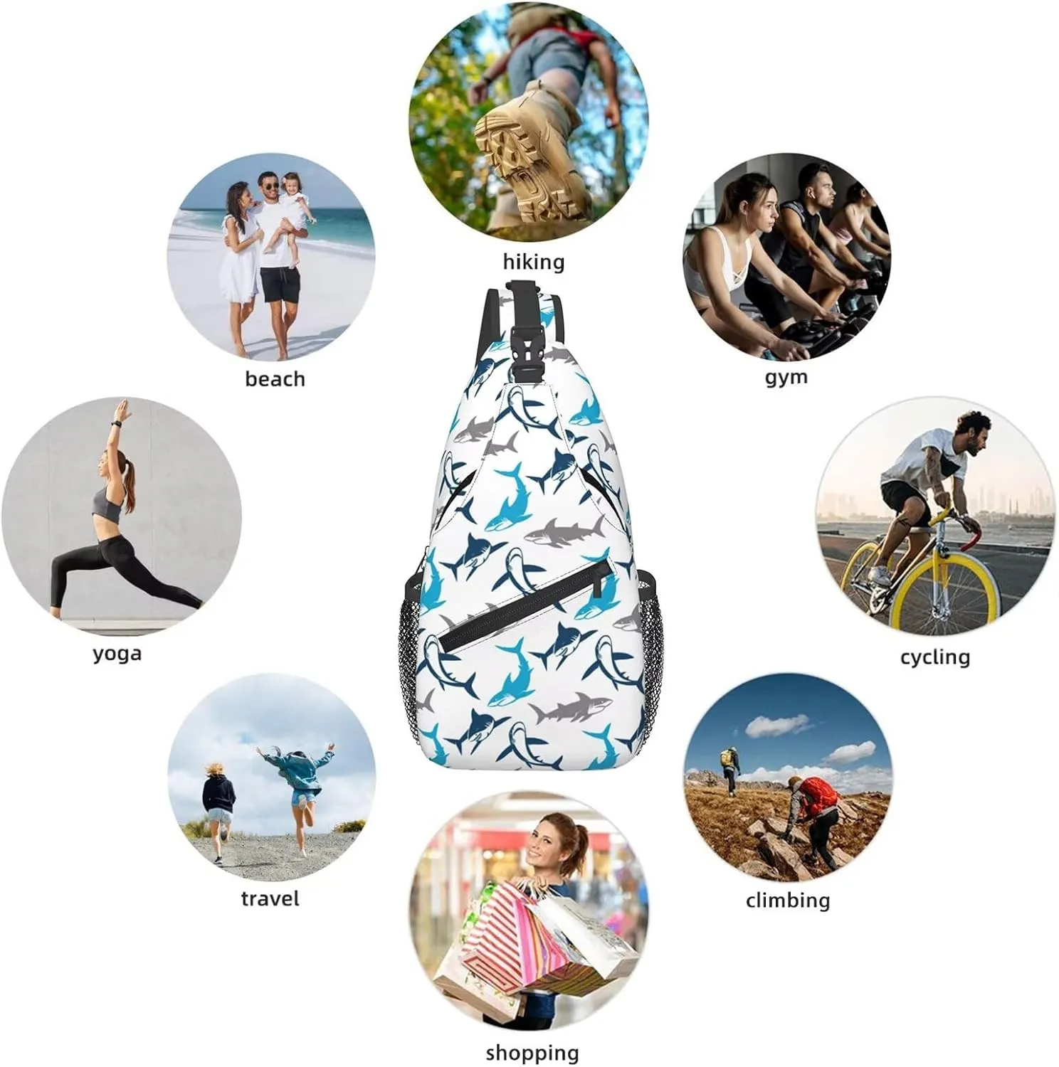 Shark Print Crossbody Sling Bags for Women Men Abstract Shark Silhouettes Swimming Sea Fish Travel Sling Backpack Casual Shoulder Bag Underwater Sea Animal Print Gym Sports Hiking Daypack