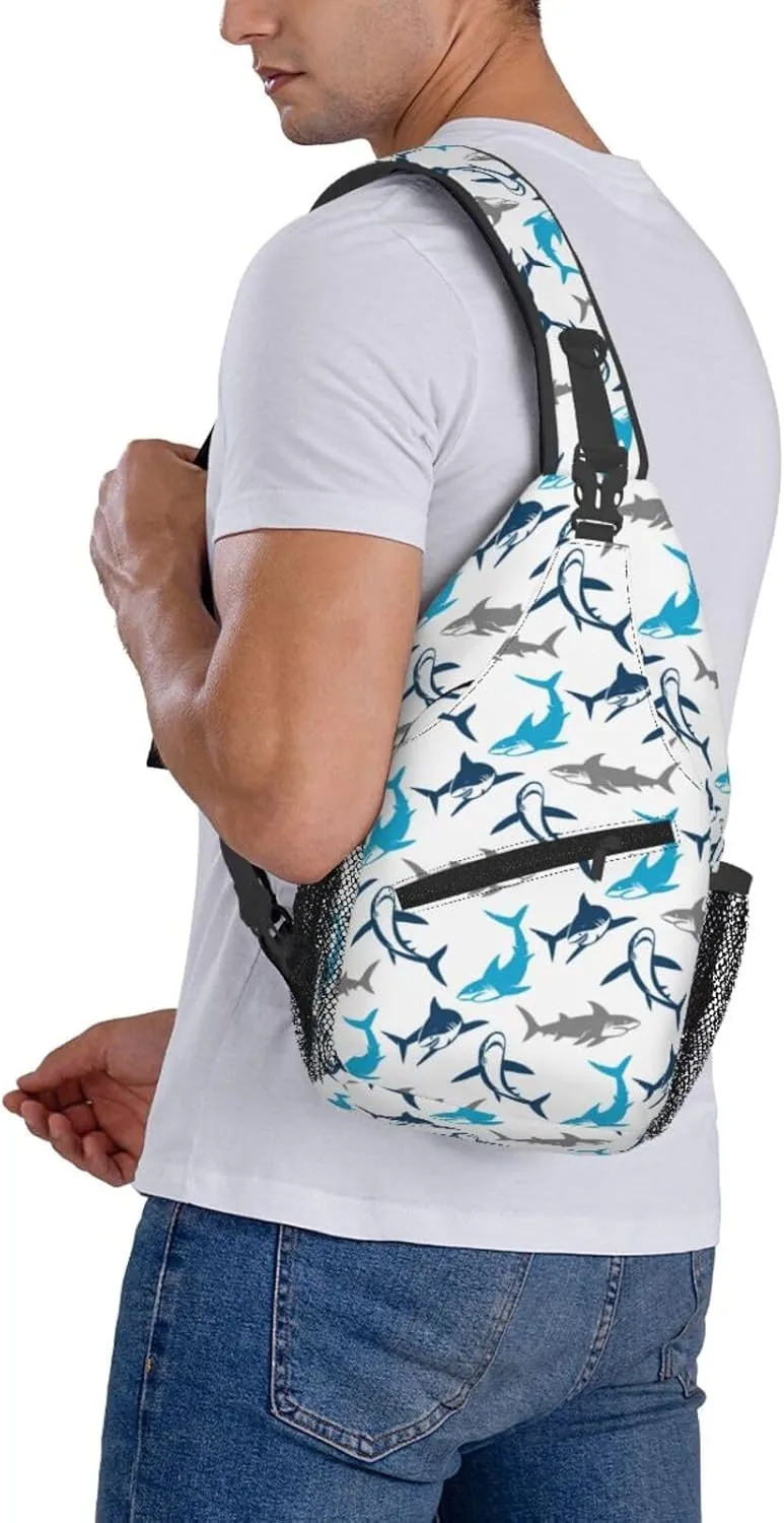 Shark Print Crossbody Sling Bags for Women Men Abstract Shark Silhouettes Swimming Sea Fish Travel Sling Backpack Casual Shoulder Bag Underwater Sea Animal Print Gym Sports Hiking Daypack